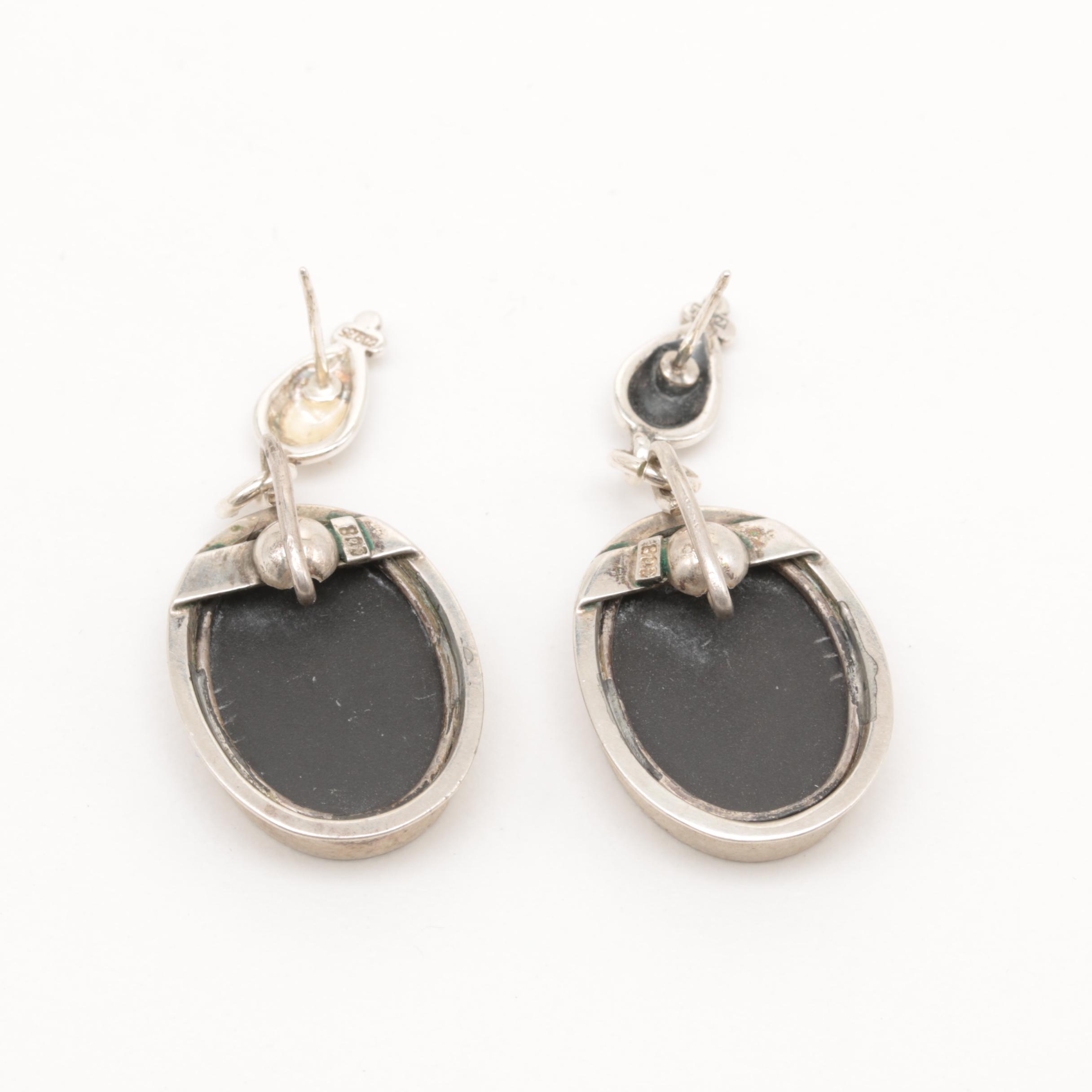 800 Silver Gemstone Pietra Dura Brooch and Earrings