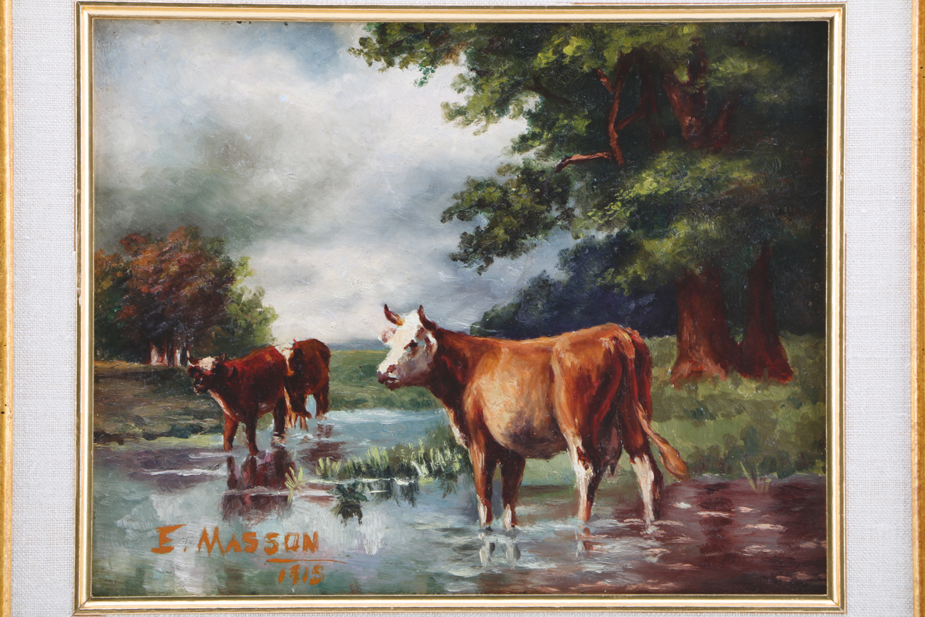 E. Masson Original 1915 Oil on Academy Board Pastoral Landscape