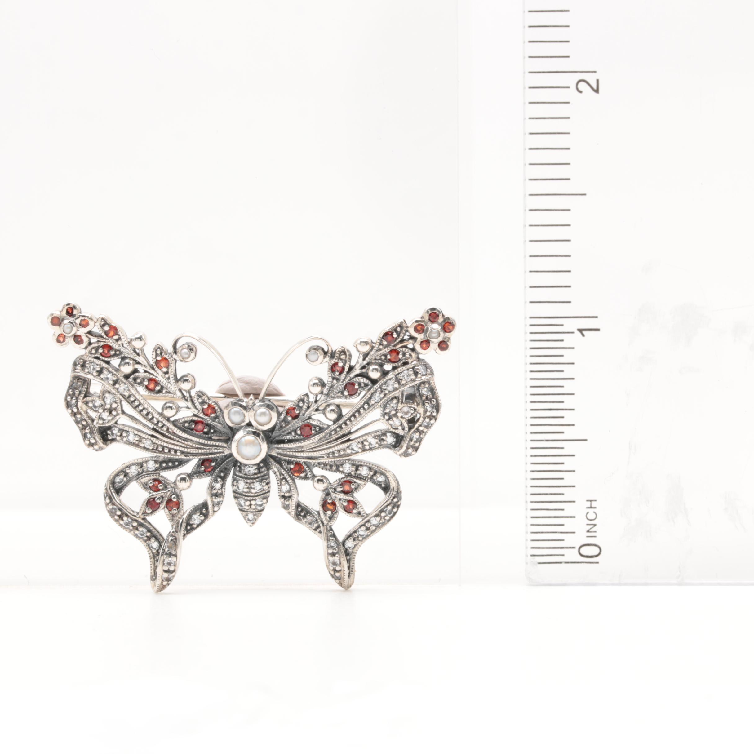 Sterling Silver Cultured Pearl Butterfly Brooches Featuring Garnet and Topaz