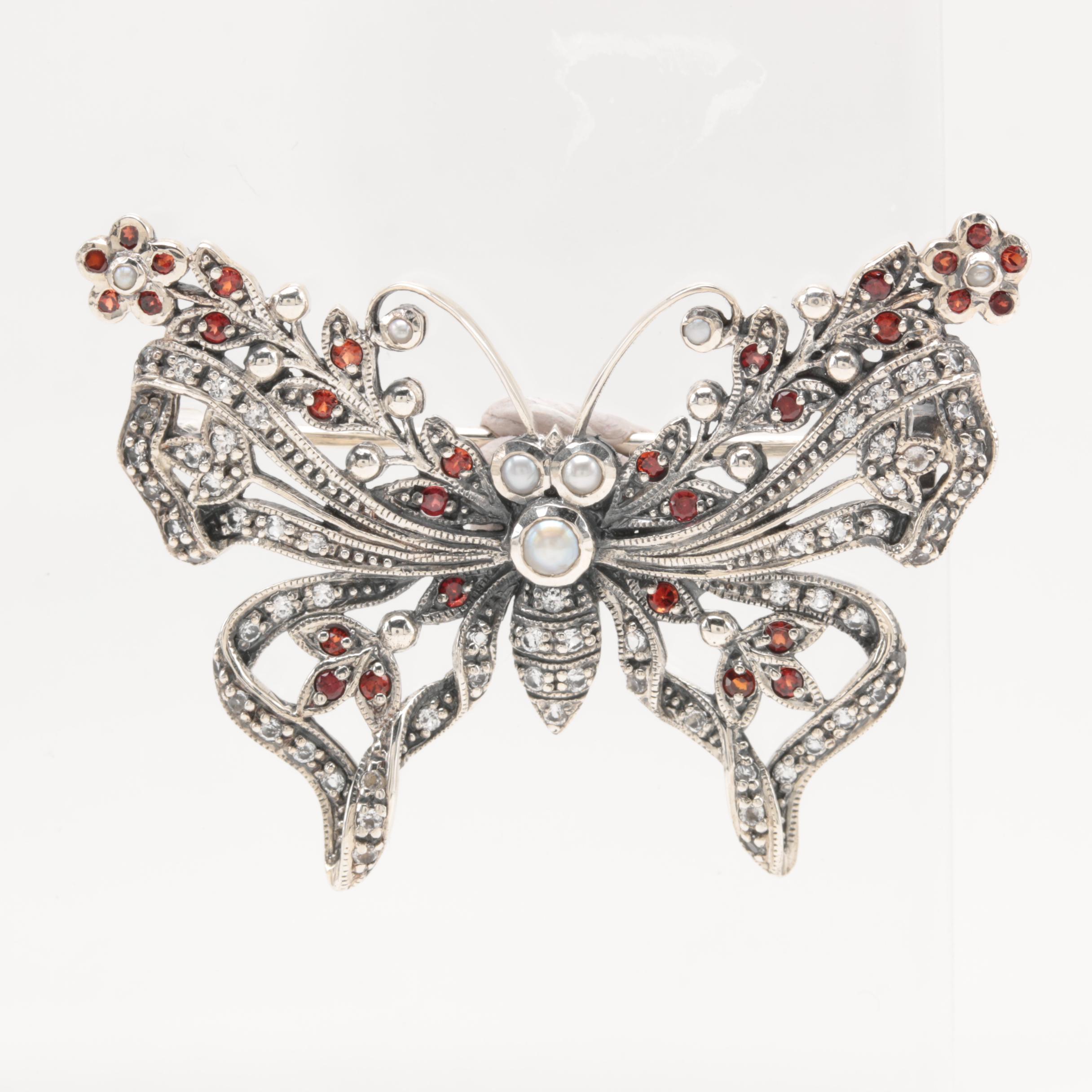 Sterling Silver Cultured Pearl Butterfly Brooches Featuring Garnet and Topaz