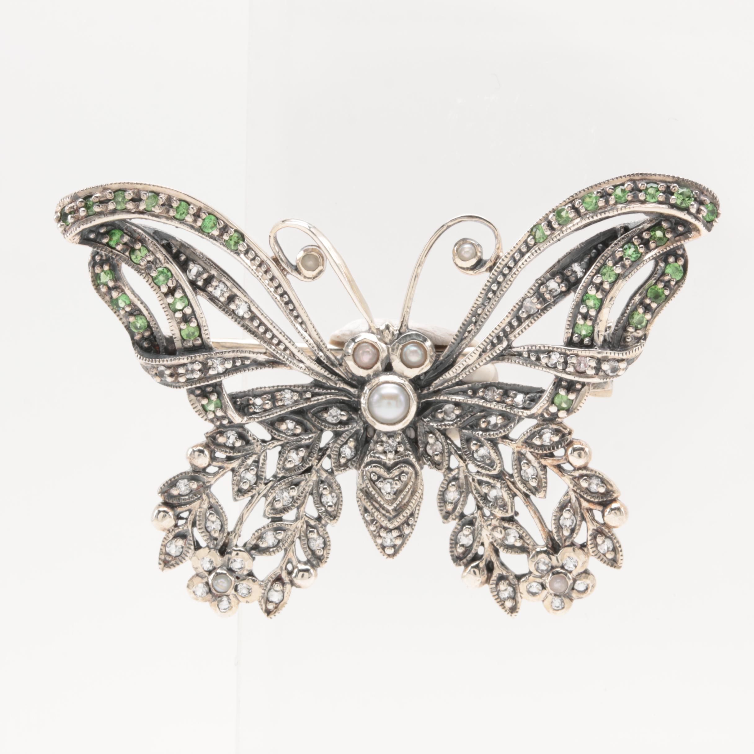 Sterling Silver Cultured Pearl Butterfly Brooches Featuring Garnet and Topaz