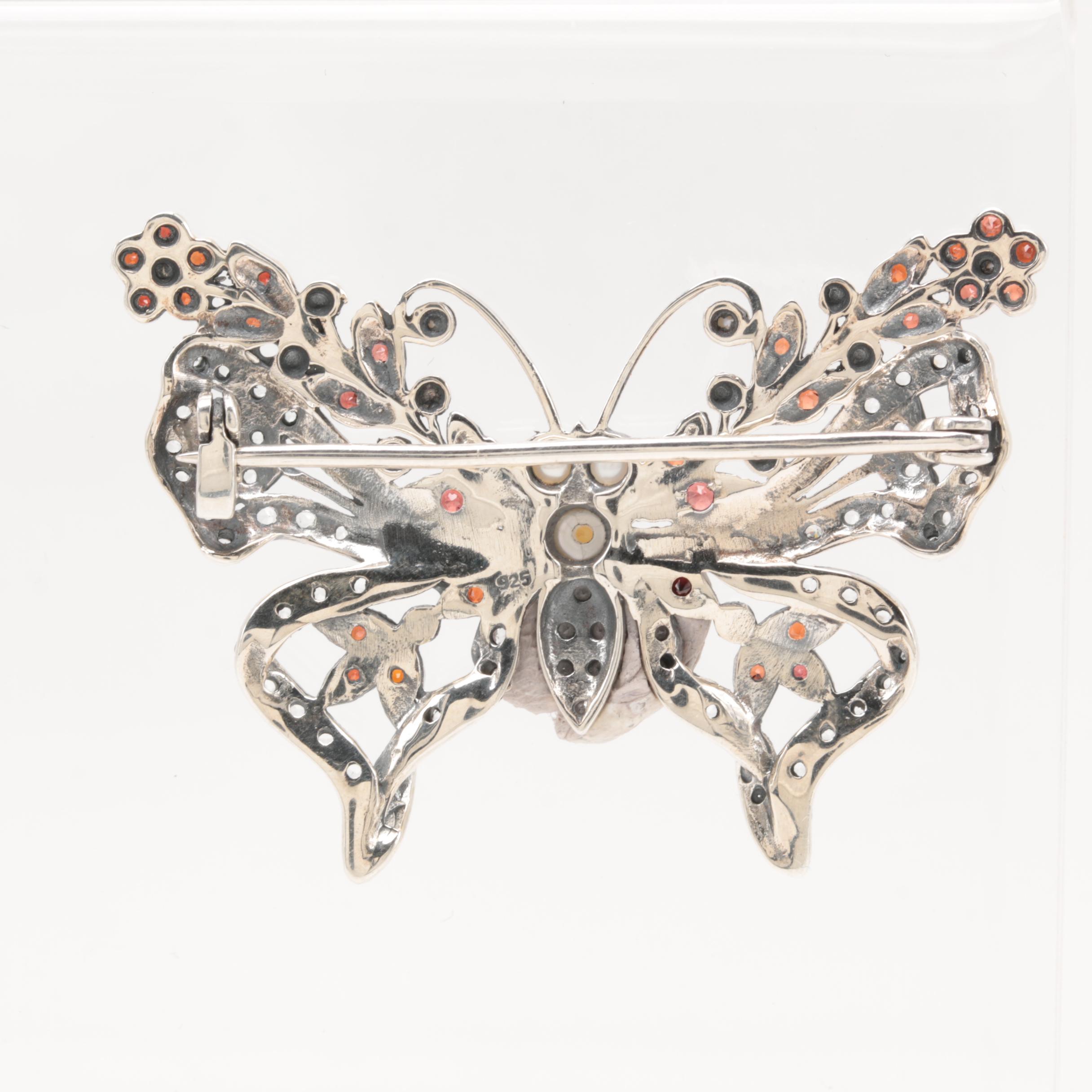 Sterling Silver Cultured Pearl Butterfly Brooches Featuring Garnet and Topaz