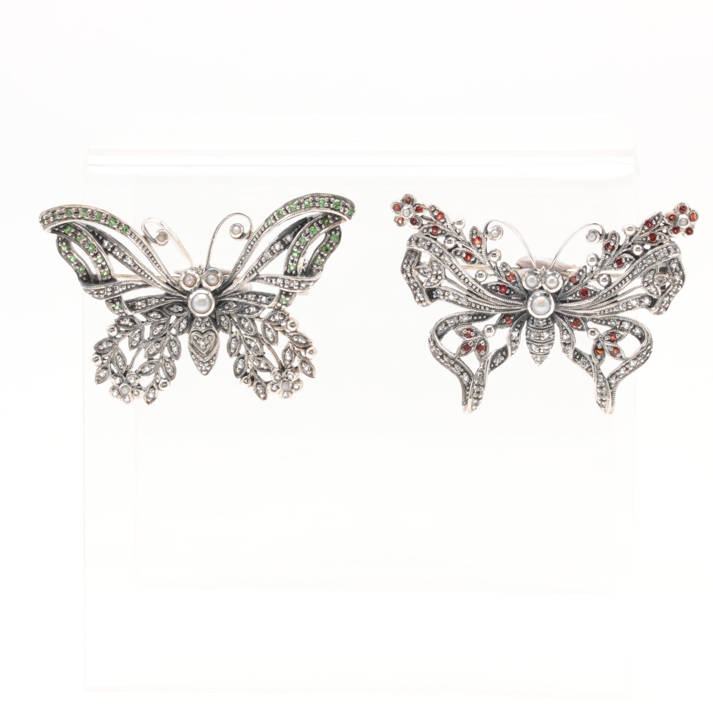 Sterling Silver Cultured Pearl Butterfly Brooches Featuring Garnet and Topaz