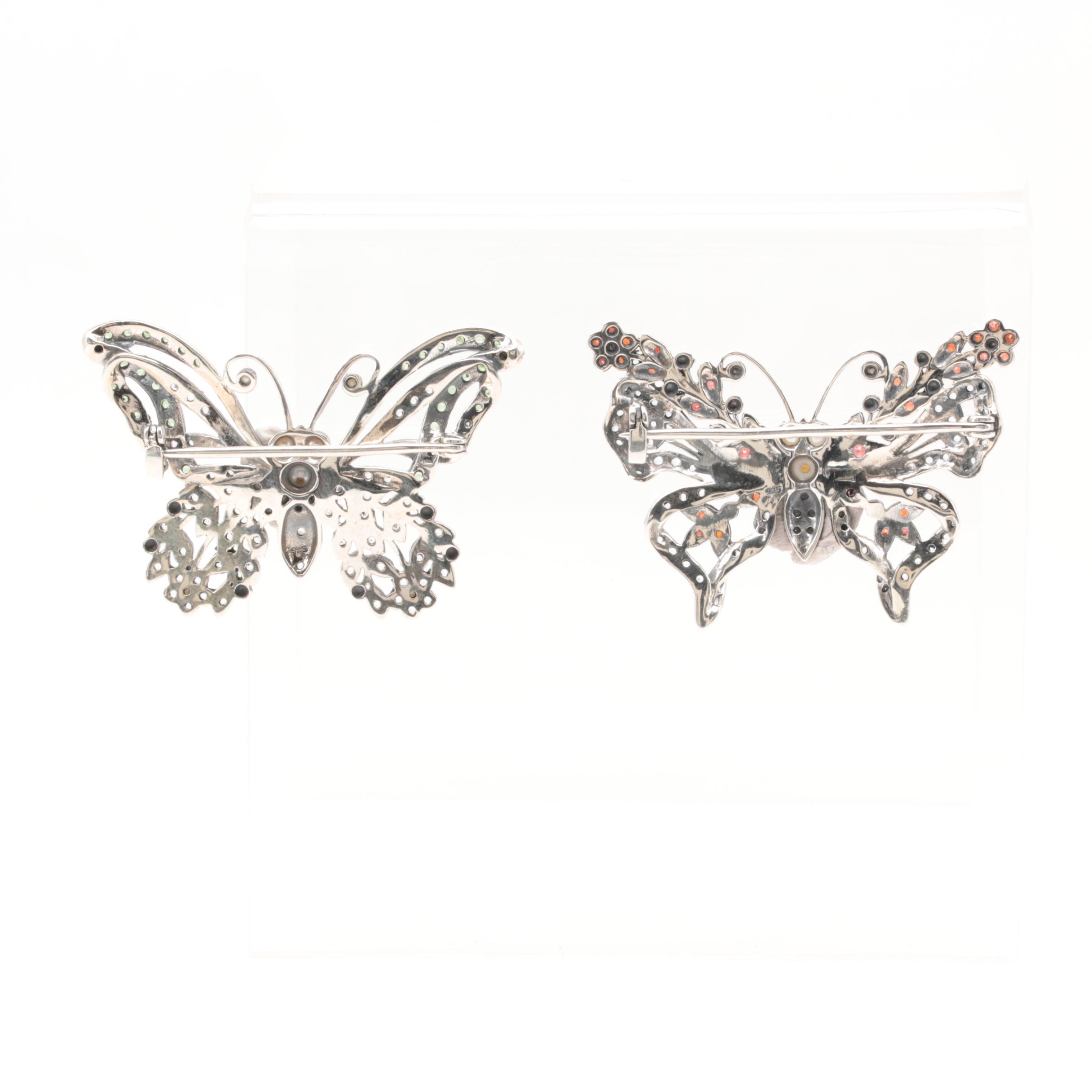 Sterling Silver Cultured Pearl Butterfly Brooches Featuring Garnet and Topaz