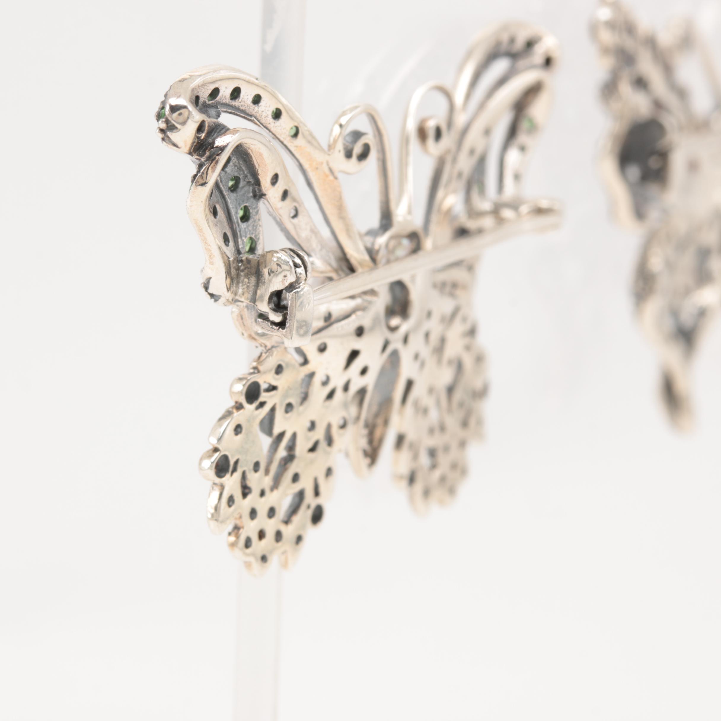 Sterling Silver Cultured Pearl Butterfly Brooches Featuring Garnet and Topaz