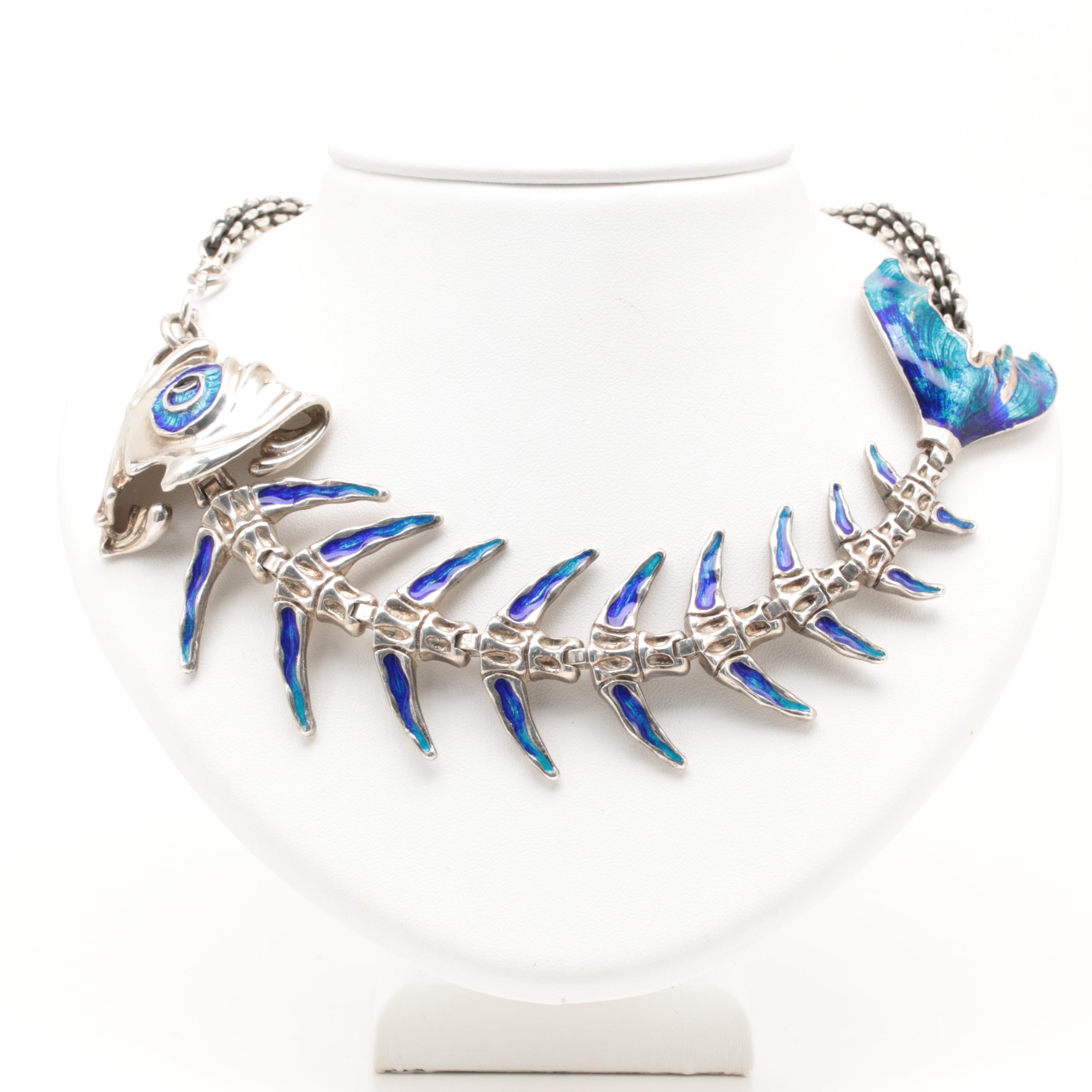 Sterling Silver Enameled Fish Skeleton Necklace
