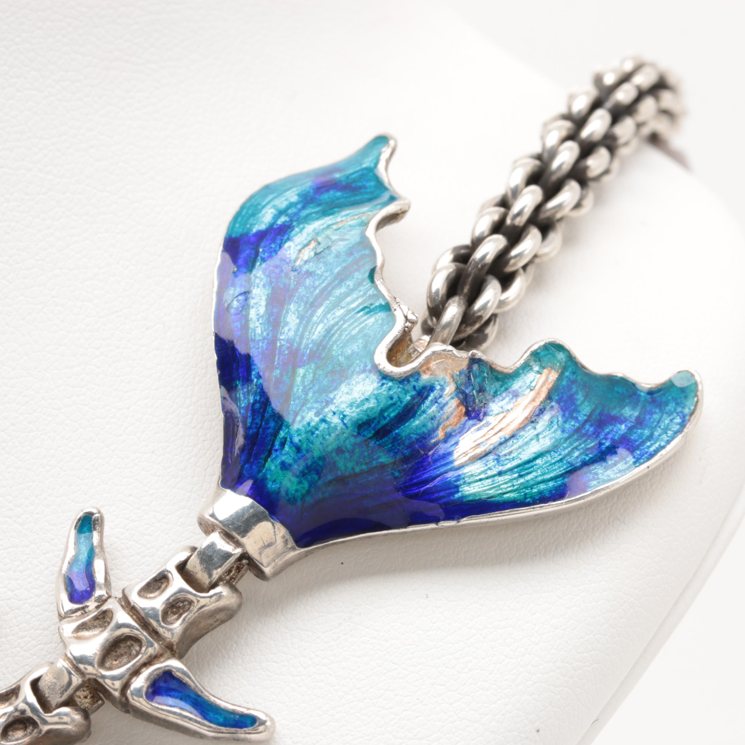 Sterling Silver Enameled Fish Skeleton Necklace