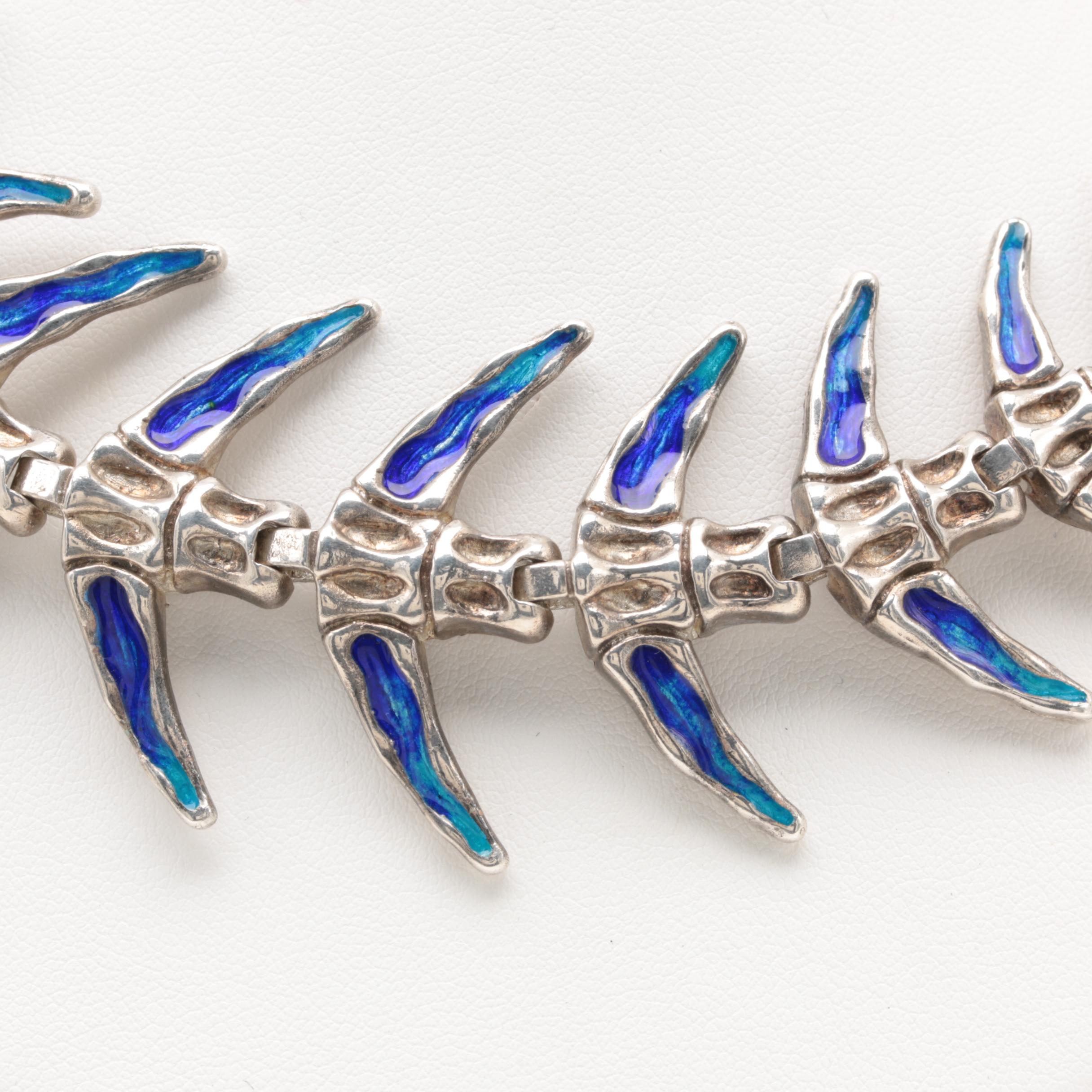 Sterling Silver Enameled Fish Skeleton Necklace