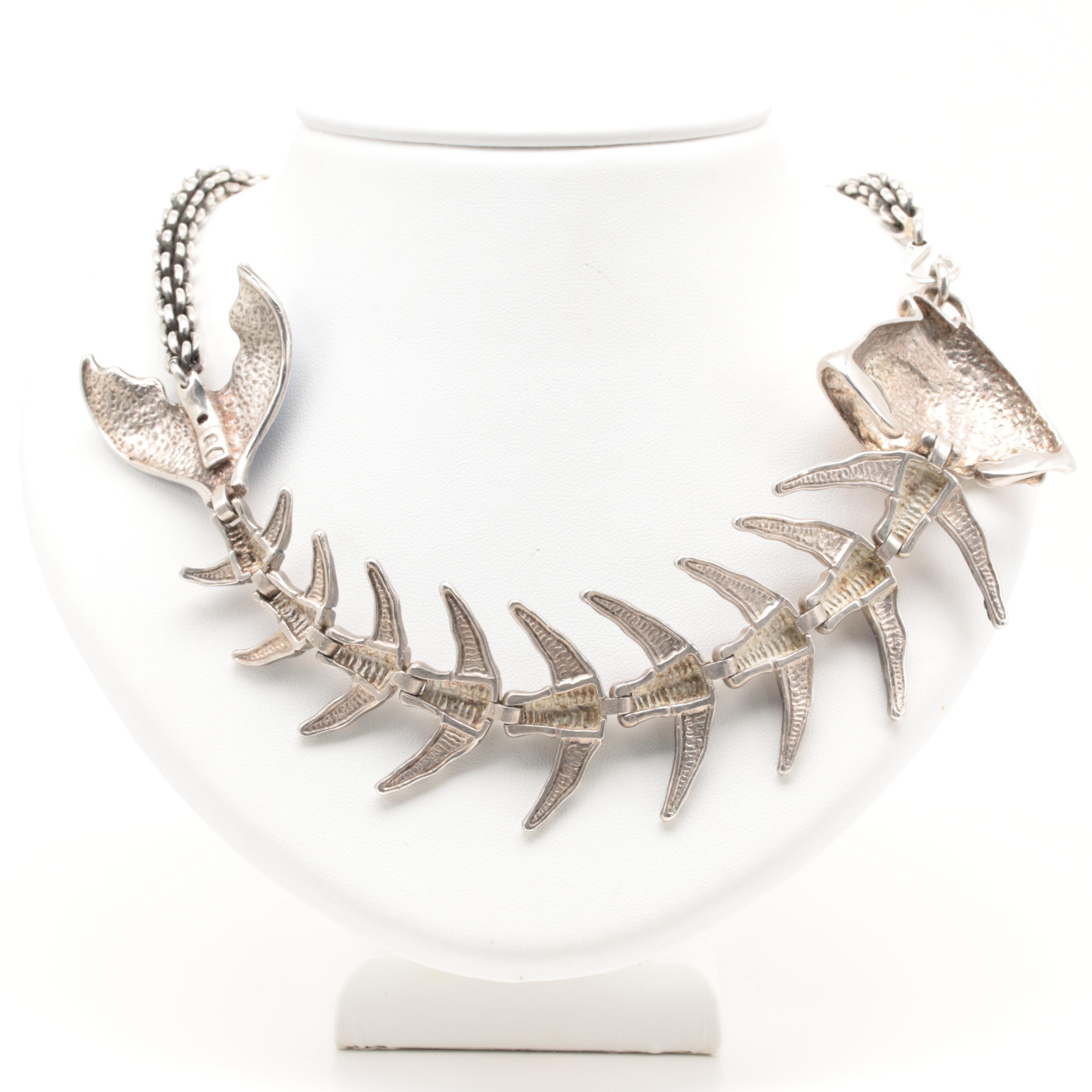 Sterling Silver Enameled Fish Skeleton Necklace
