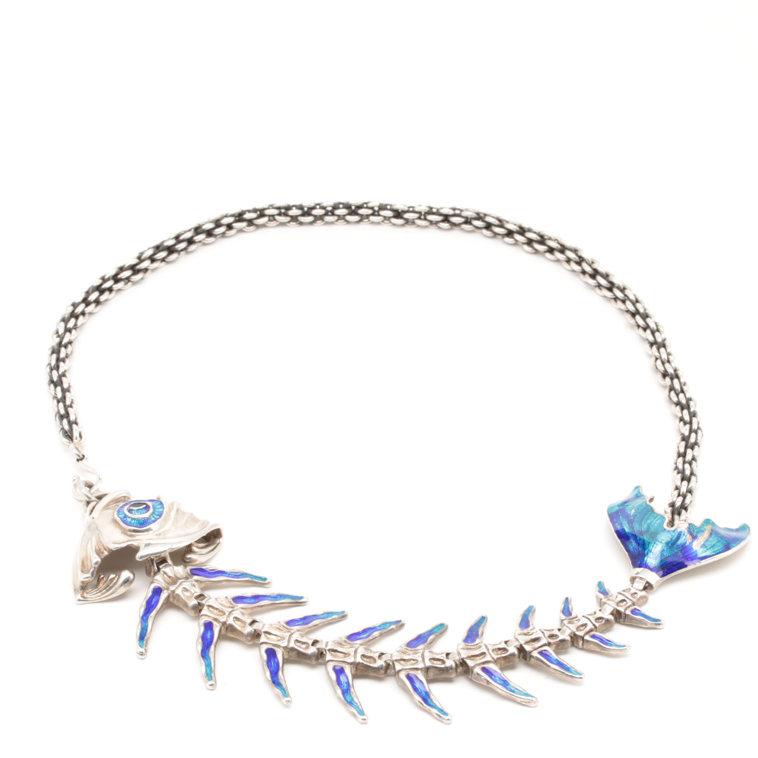 Sterling Silver Enameled Fish Skeleton Necklace