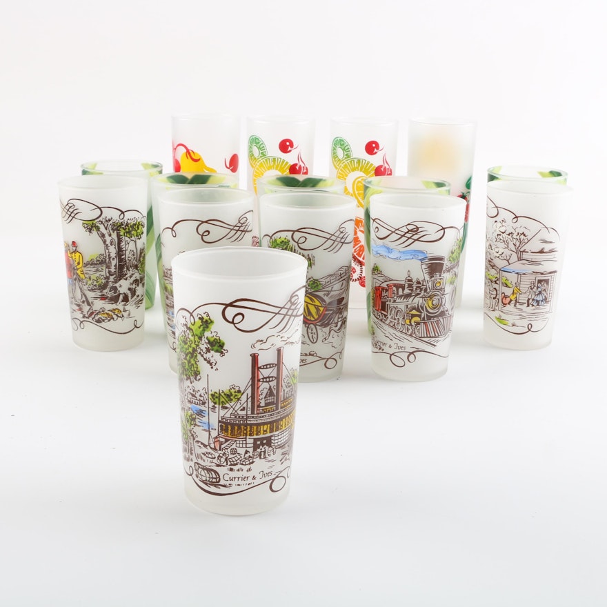 Decorative Frosted Glasses Including Vintage Currier & Ives