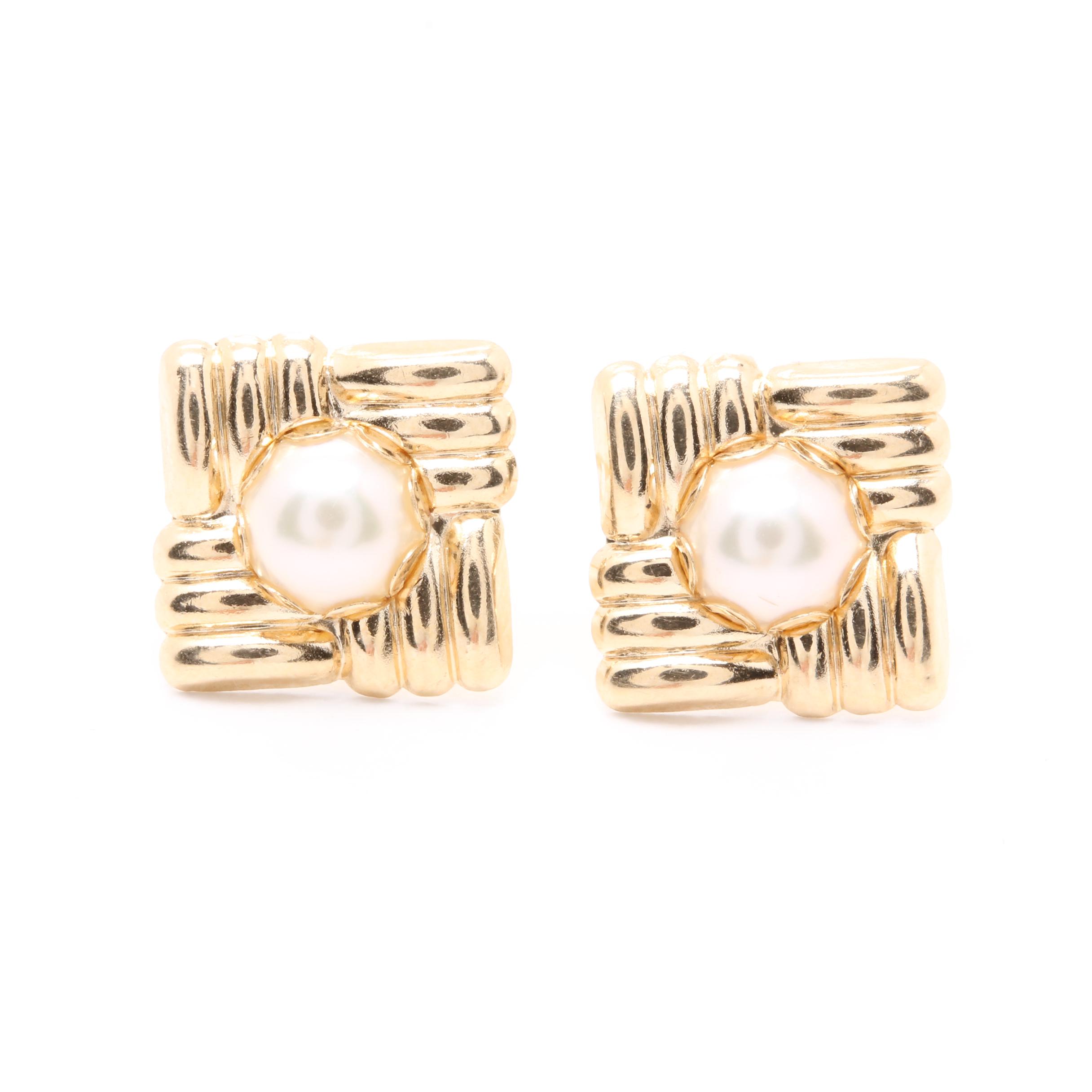 14K Yellow Gold Cultured Pearl Textured Earrings