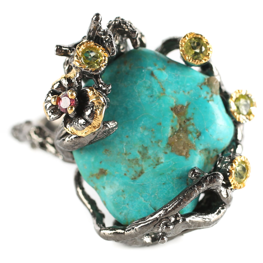 Oxidized Sterling Turquoise, Peridot and Tourmaline Ring