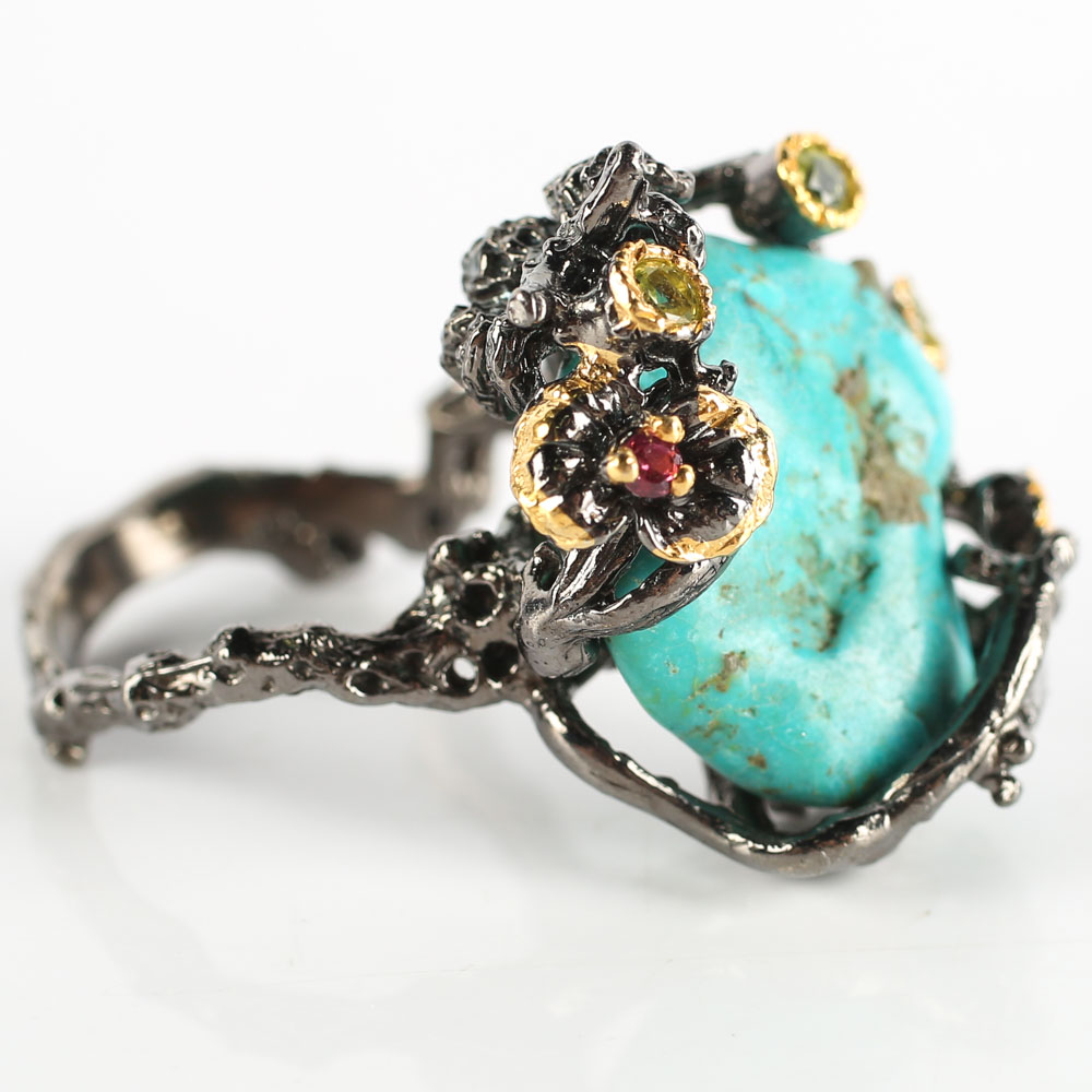 Oxidized Sterling Turquoise, Peridot and Tourmaline Ring