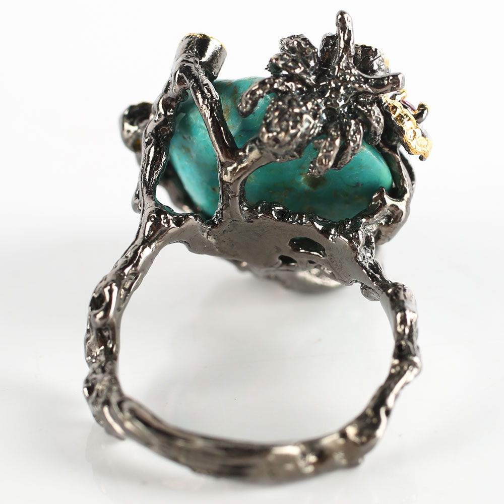 Oxidized Sterling Turquoise, Peridot and Tourmaline Ring