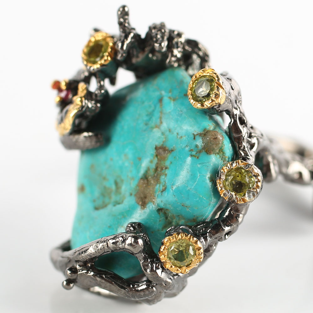 Oxidized Sterling Turquoise, Peridot and Tourmaline Ring