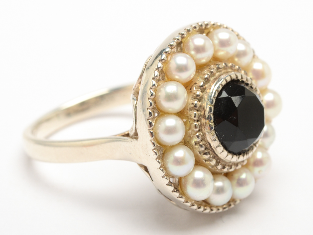 Tiffany & Co. "Ziegfeld Collection" Sterling Silver Black Onyx and Pearl Ring