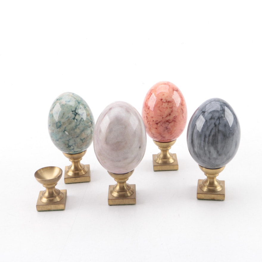 Dyed Marble and Dyed Alabaster Eggs with Brass Stands