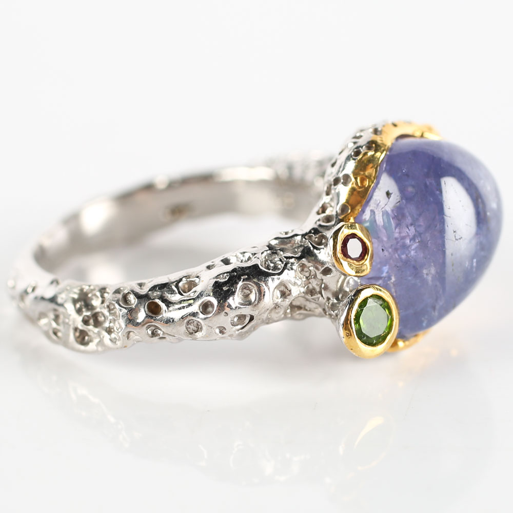 Sterling 7.30 CT Tanzanite, Chrome Diopside, Pink Tourmaline Ring with Gold Wash