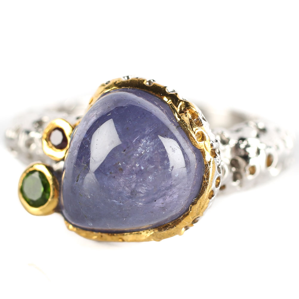 Sterling 7.30 CT Tanzanite, Chrome Diopside, Pink Tourmaline Ring with Gold Wash