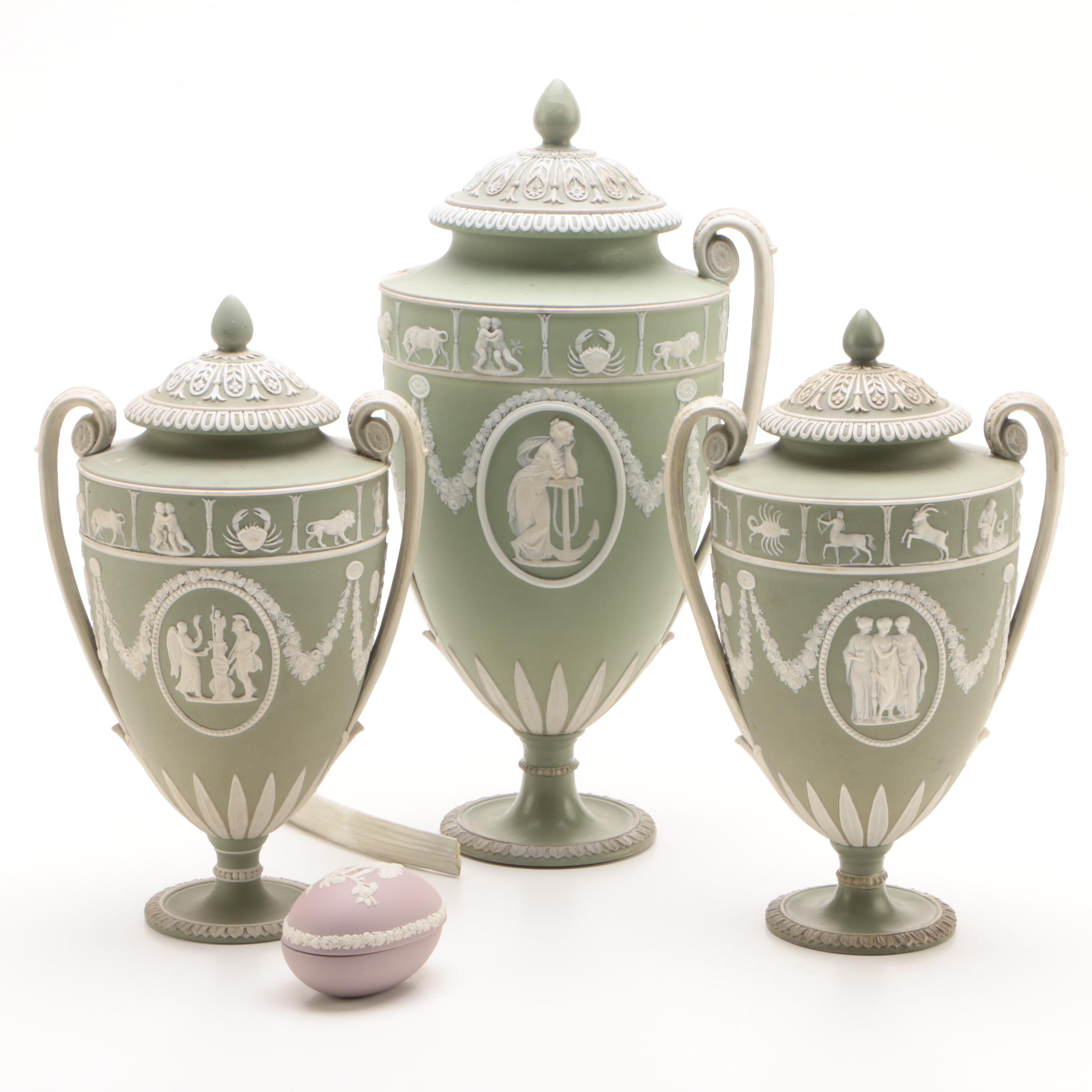19th Century Wedgwood Jasperware Covered Zodiac Urns with an Egg Trinket Box