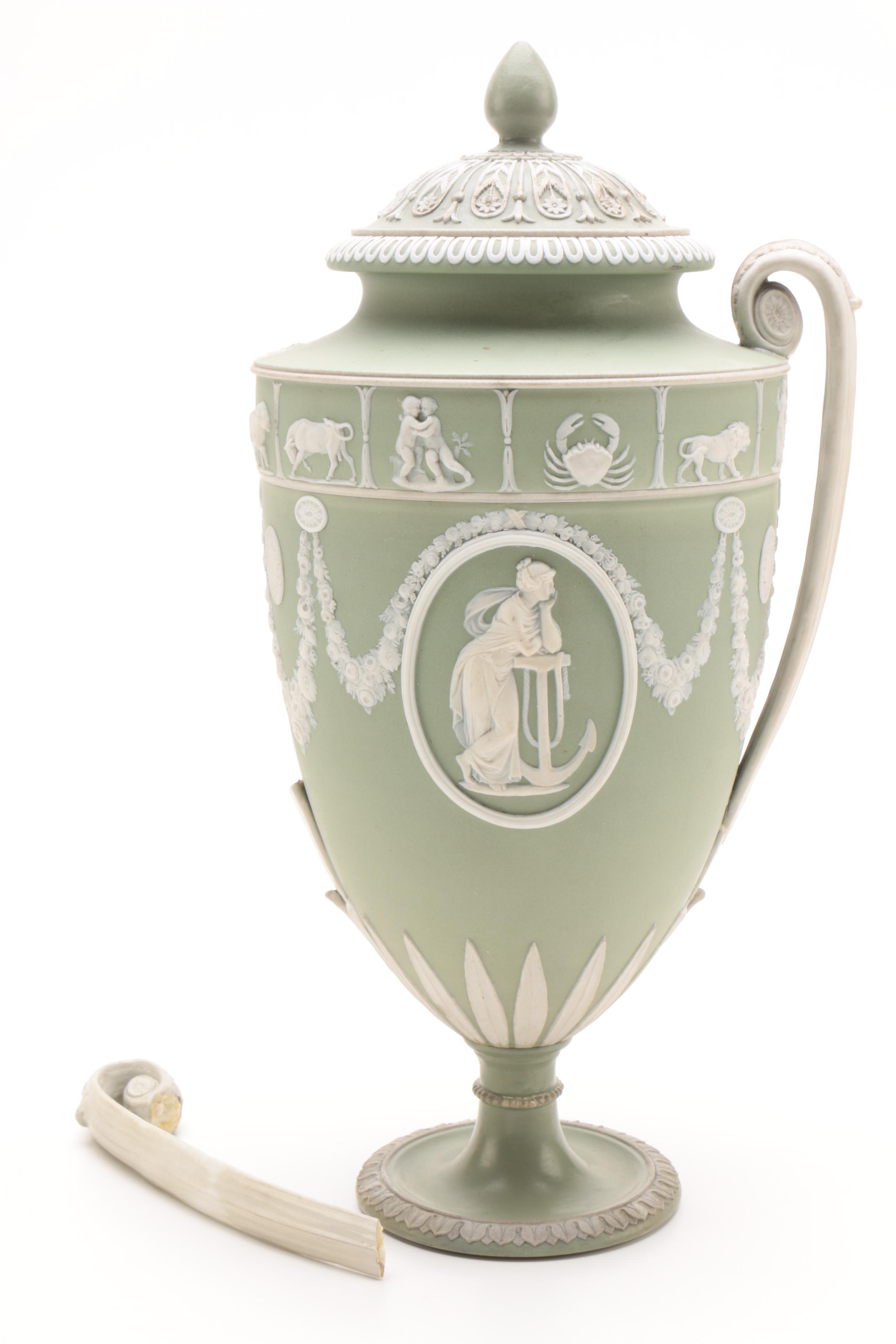 19th Century Wedgwood Jasperware Covered Zodiac Urns with an Egg Trinket Box