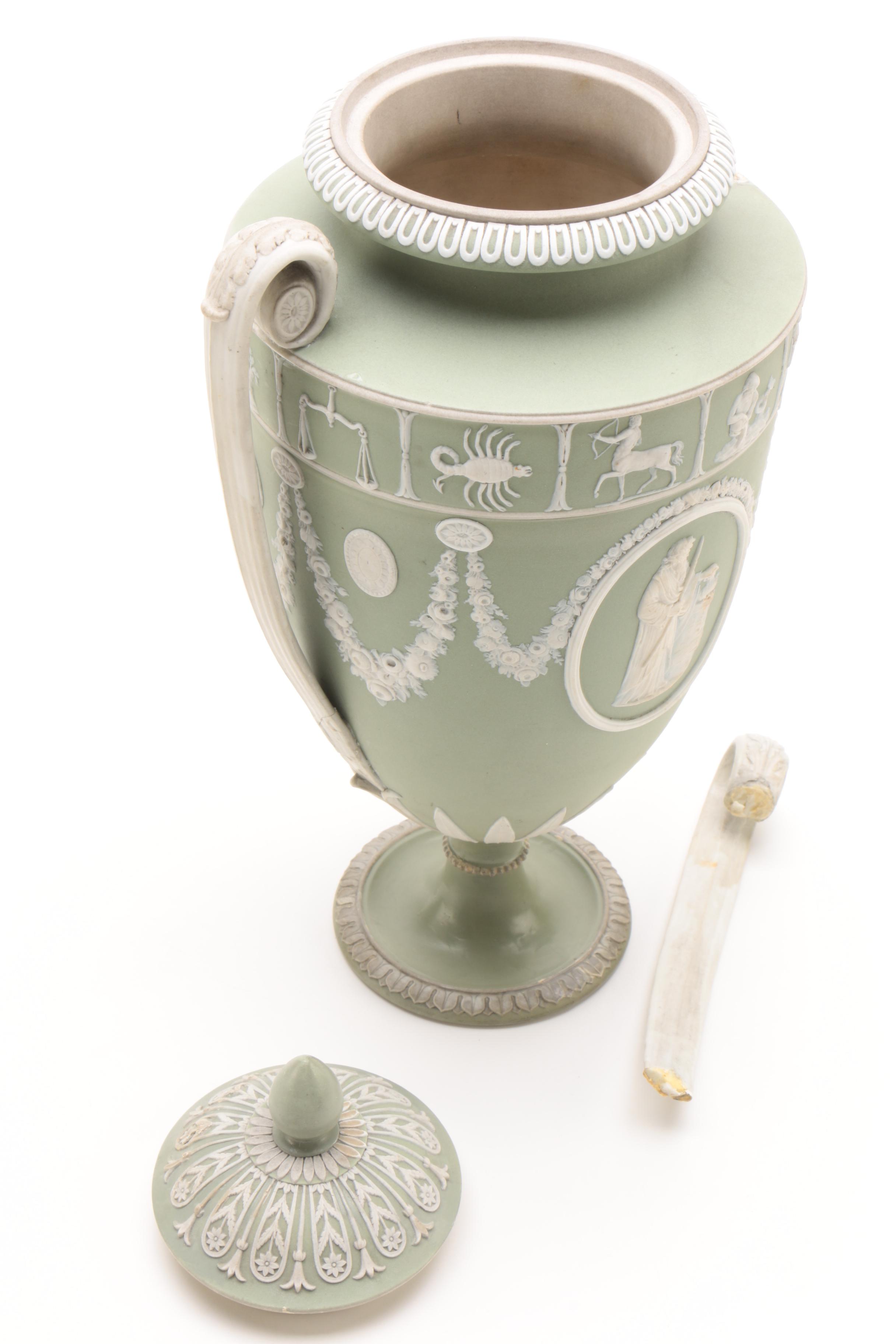 19th Century Wedgwood Jasperware Covered Zodiac Urns with an Egg Trinket Box