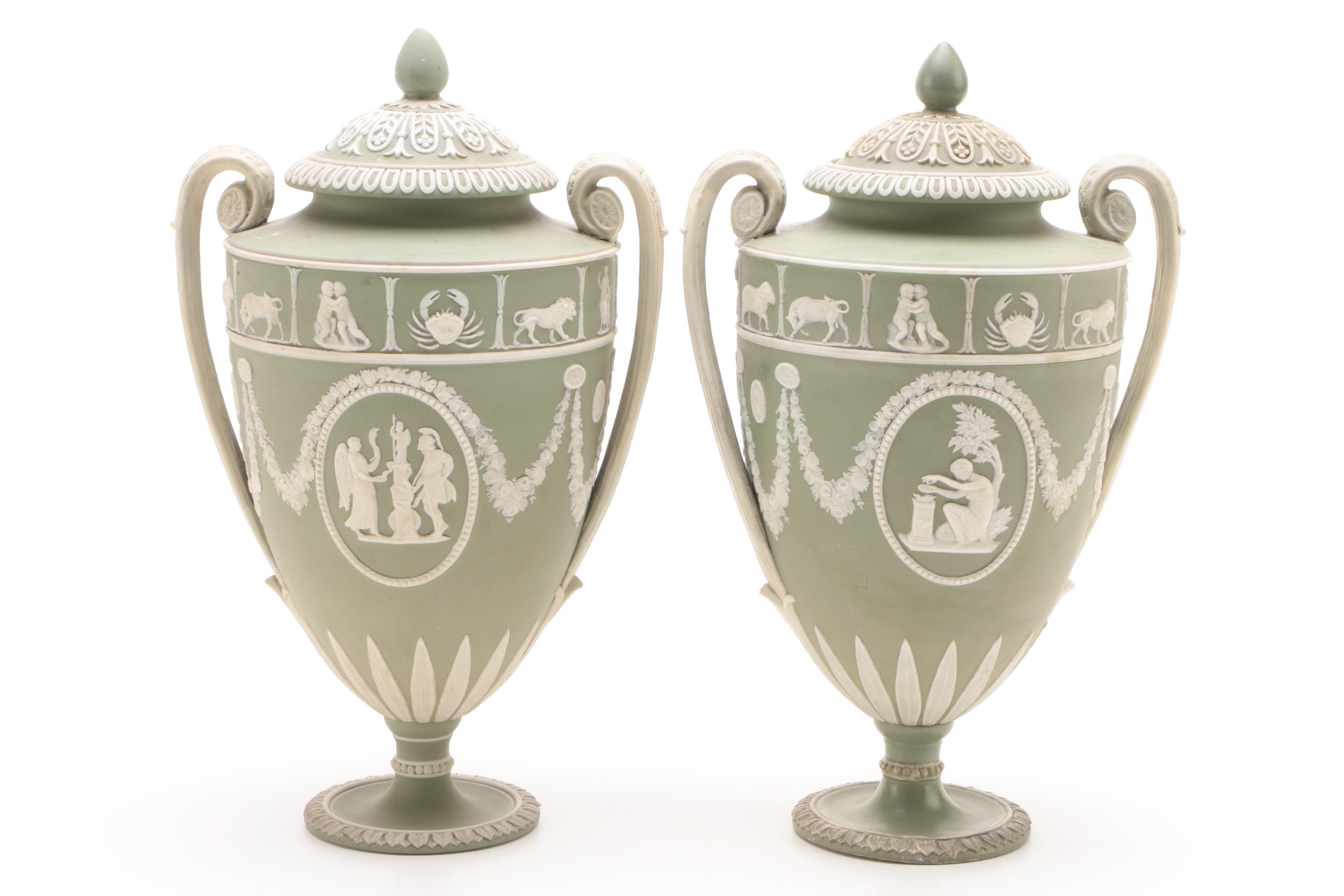 19th Century Wedgwood Jasperware Covered Zodiac Urns with an Egg Trinket Box