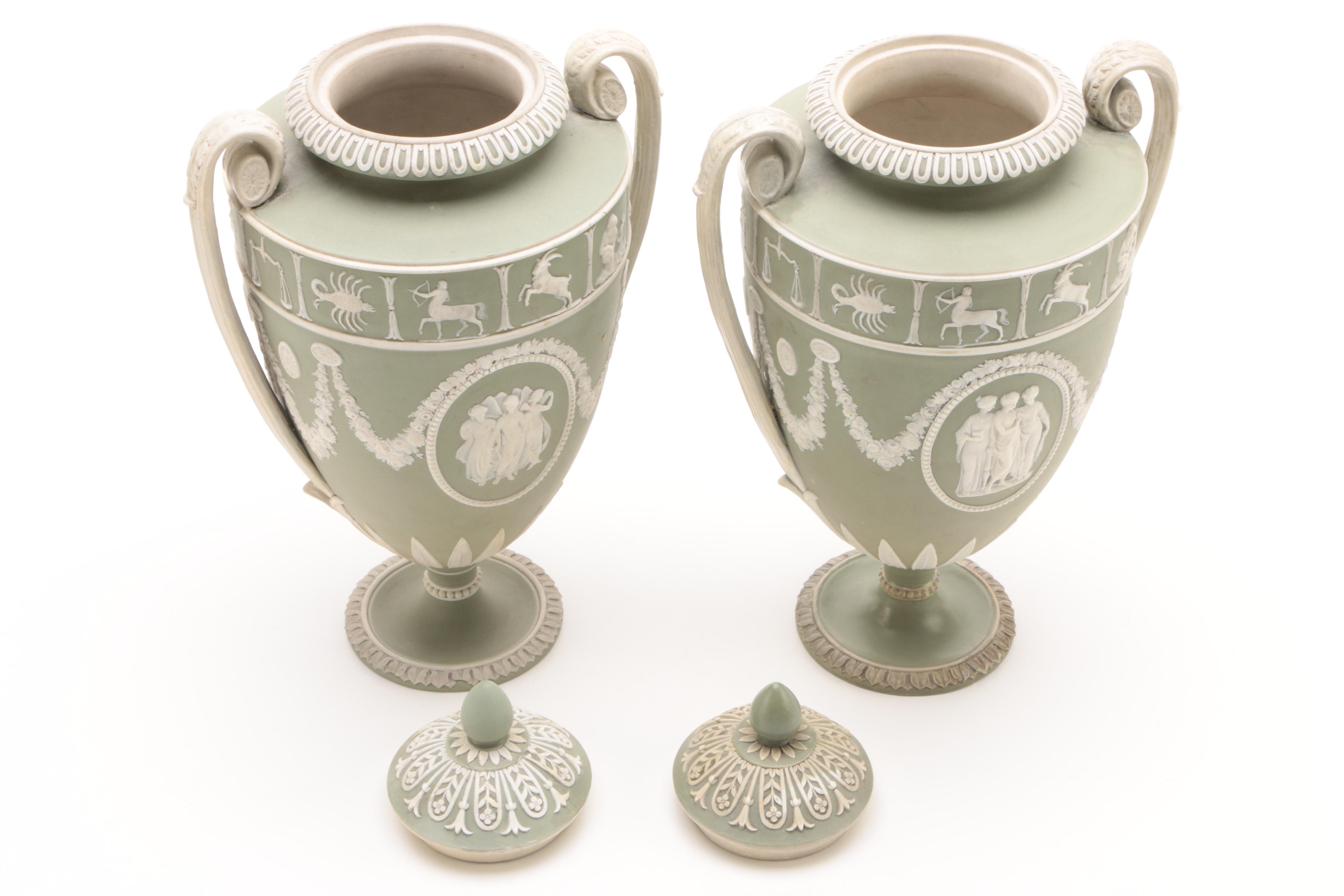 19th Century Wedgwood Jasperware Covered Zodiac Urns with an Egg Trinket Box