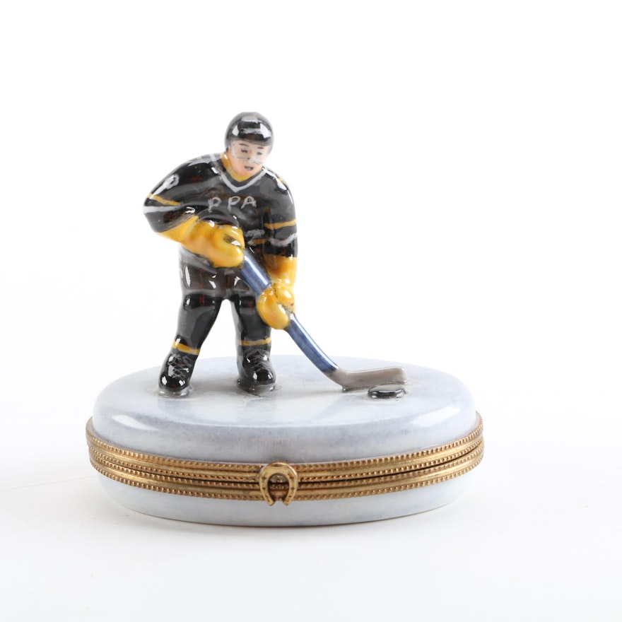 Hockey Themed Hand-Painted Limoges Trinket Box
