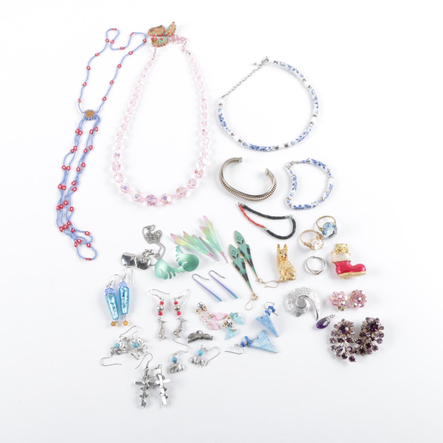 Silver Tone Aurora Borealis, Glass, and Ceramic Jewelry Selection