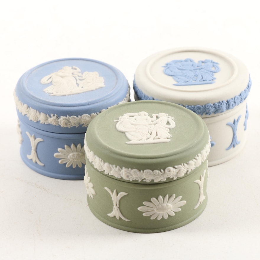 Wedgwood Jasperware Pill Boxes in Pale Blue, White and Celadon