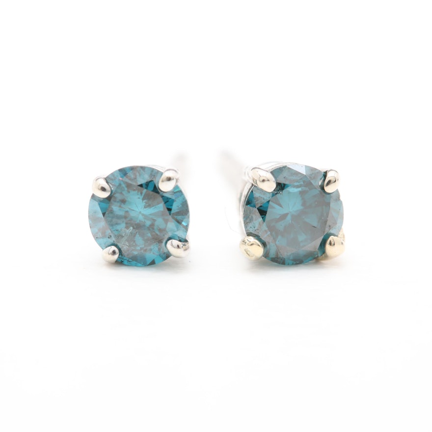 14K White Gold Blue Diamond Stud Earrings