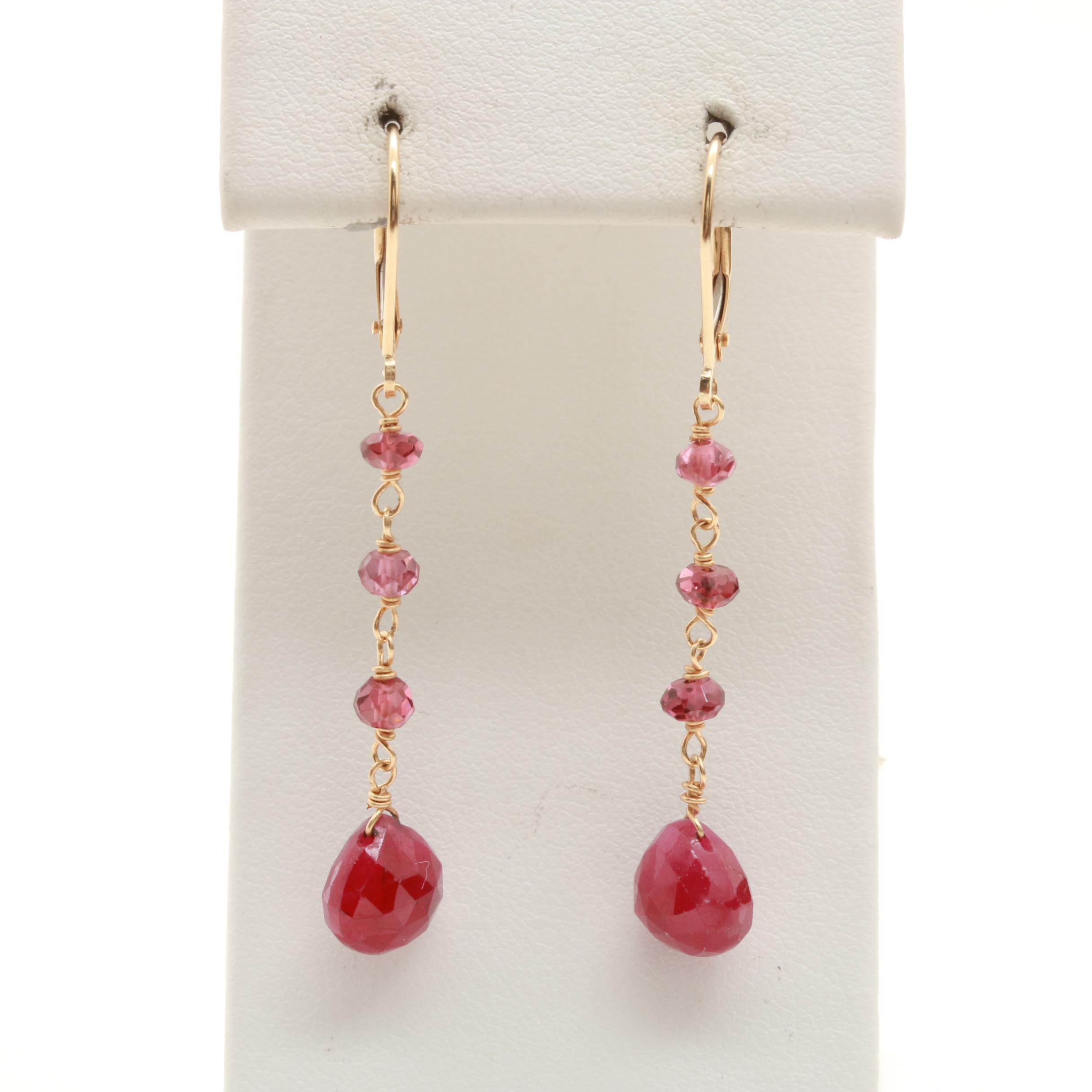 10K Yellow Gold Ruby and Pink Tourmaline Earrings