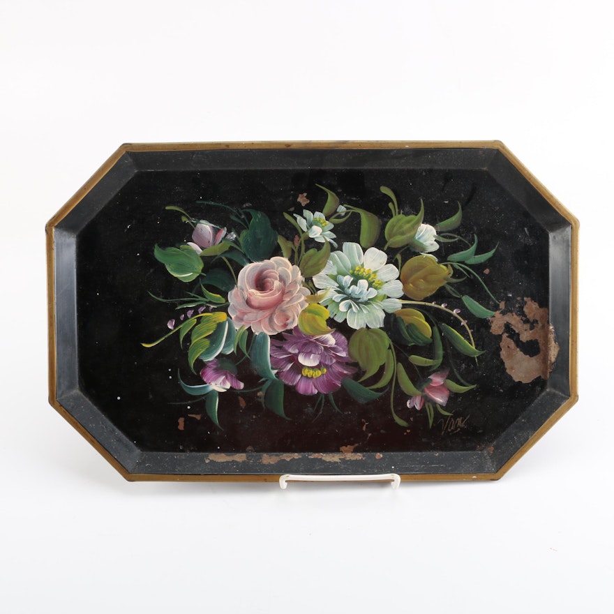 Vintage Hand-Painted Floral Tole Metal Serving Tray