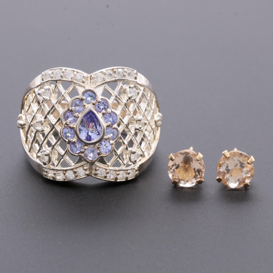 Sterling Silver Ring and 14K Yellow Gold Stud Earrings Including Morganite