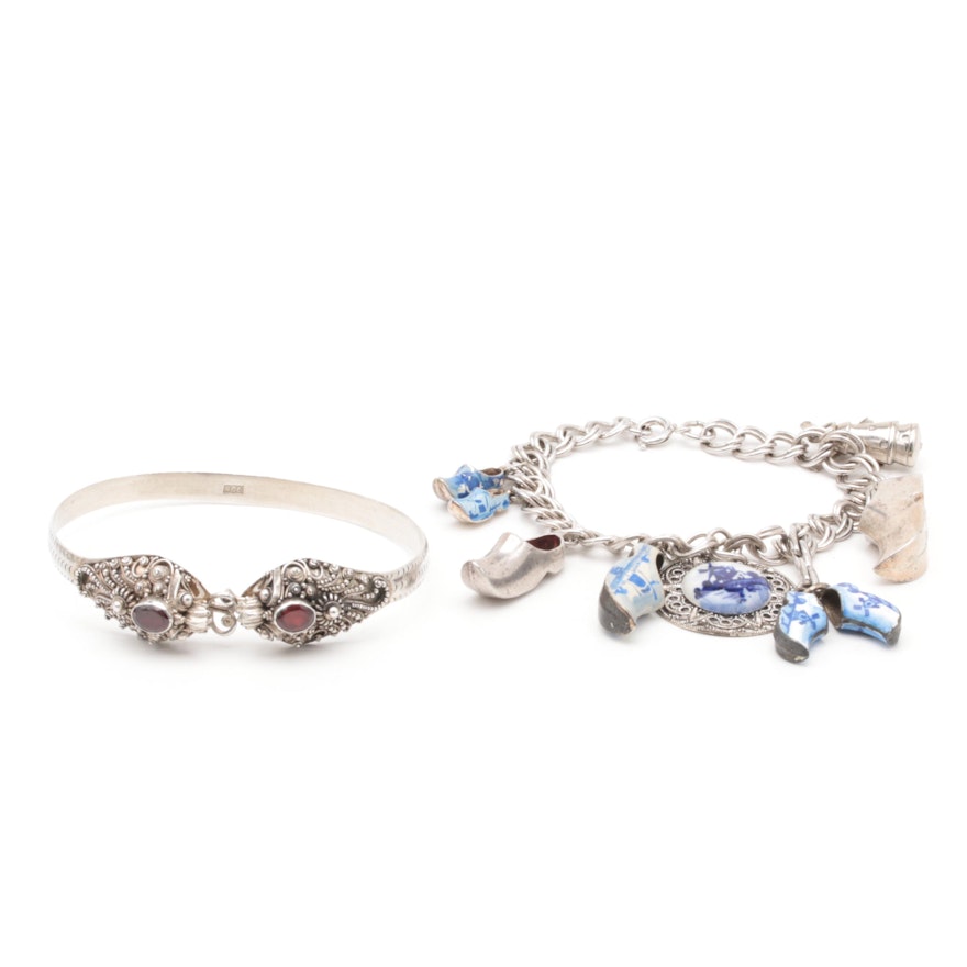 Sterling Silver Charm and Bangle Bracelets Including Enamel and 835 Silver