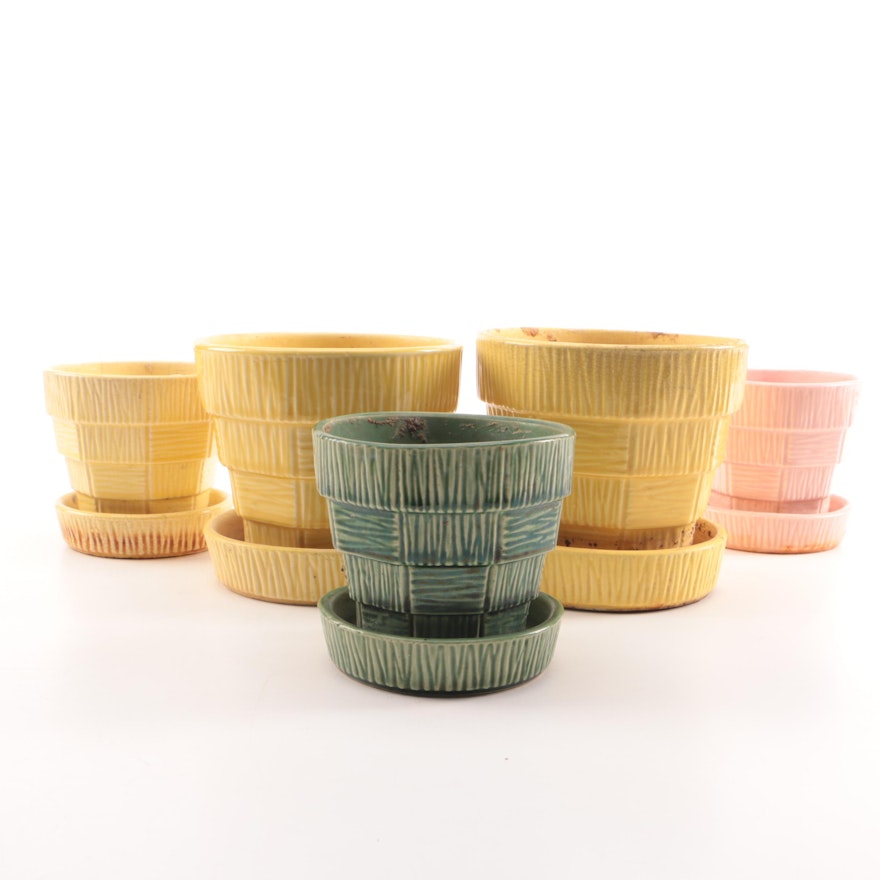 McCoy "Bark and Block" Ceramic Planters with Underplates