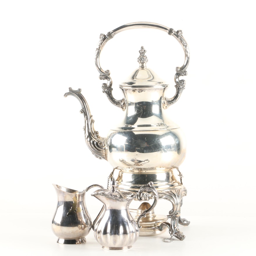 Silver Plate Water Kettle with Stand and Creamers