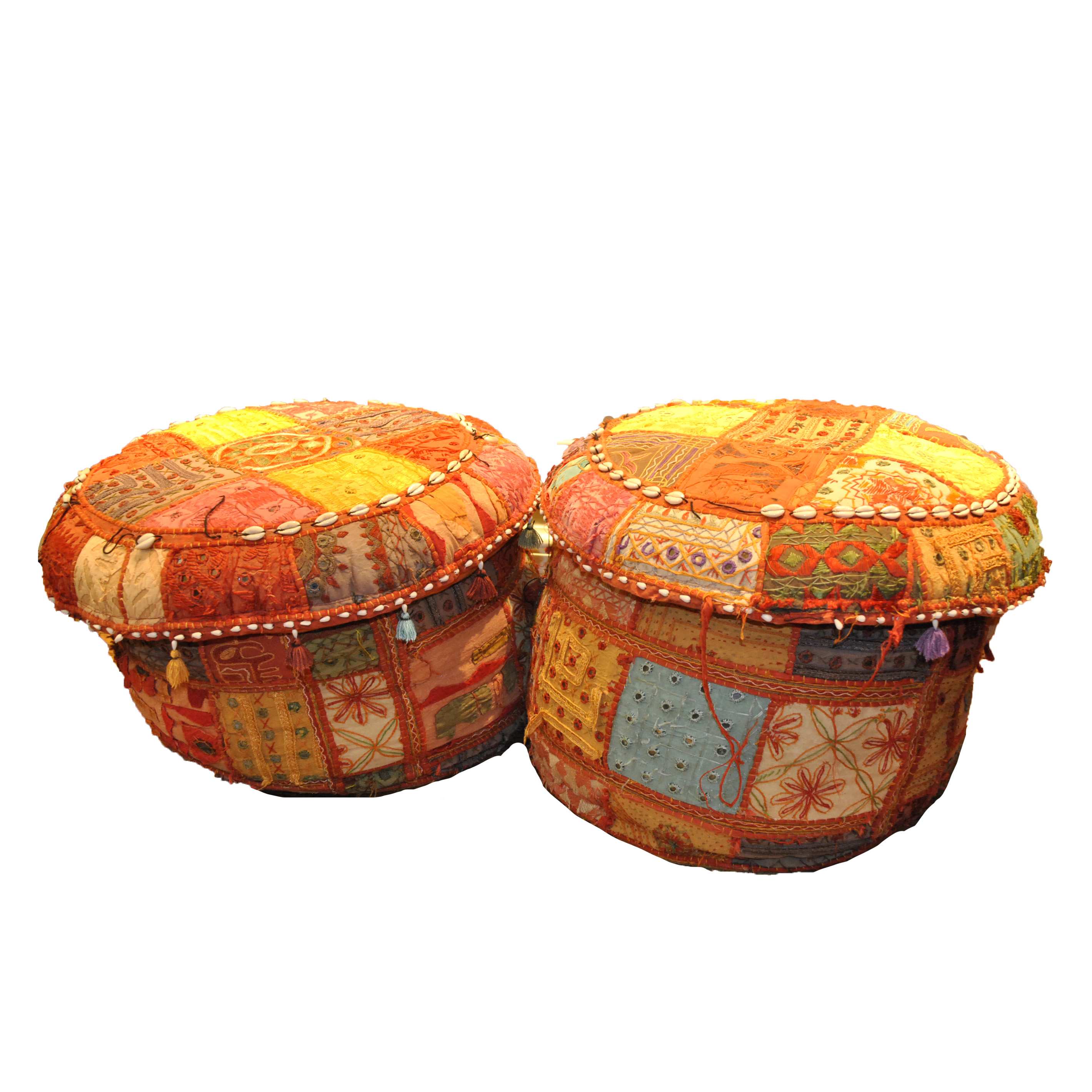 Bright Patchwork and Shell Accented Fabric Pouf Pair