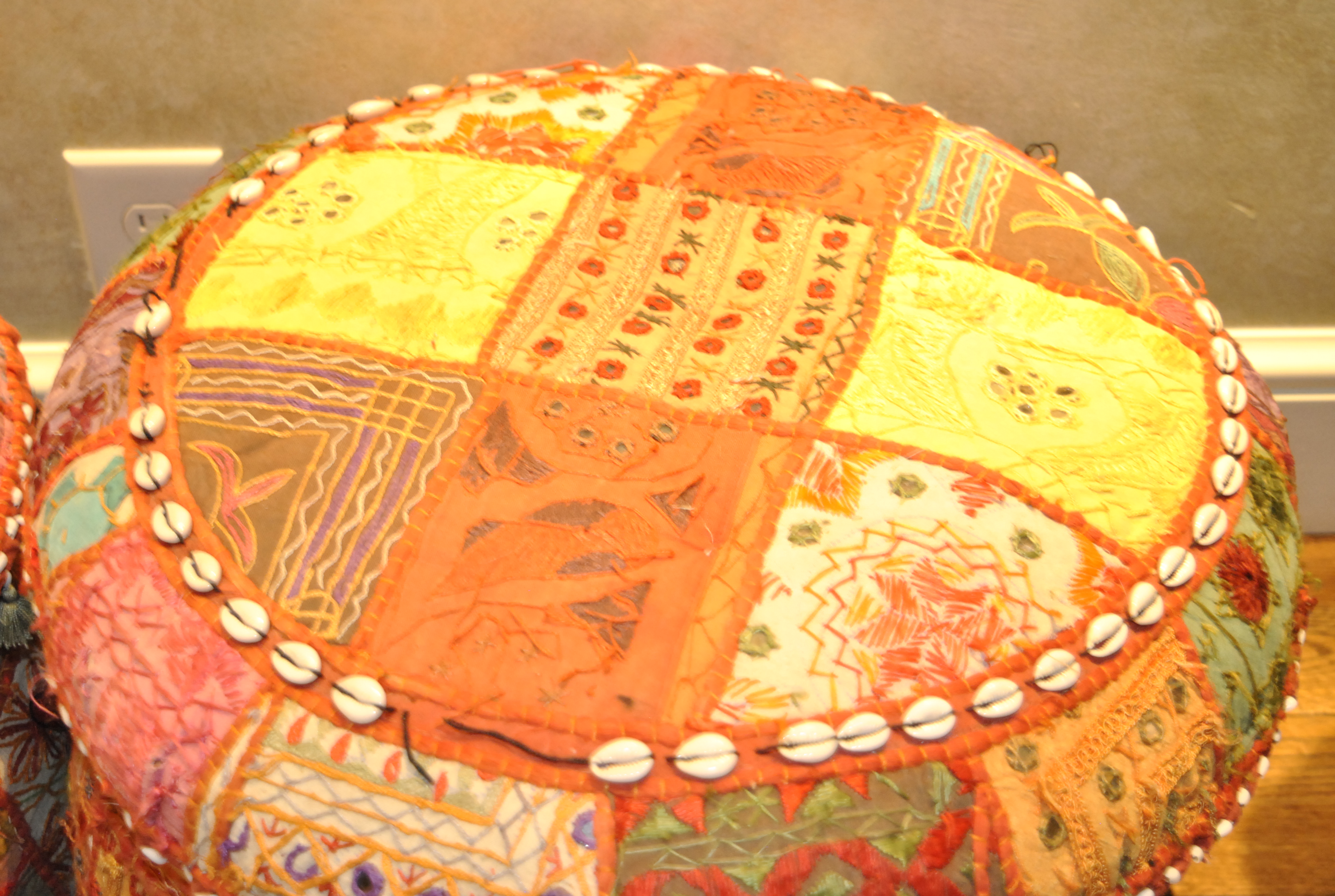 Bright Patchwork and Shell Accented Fabric Pouf Pair