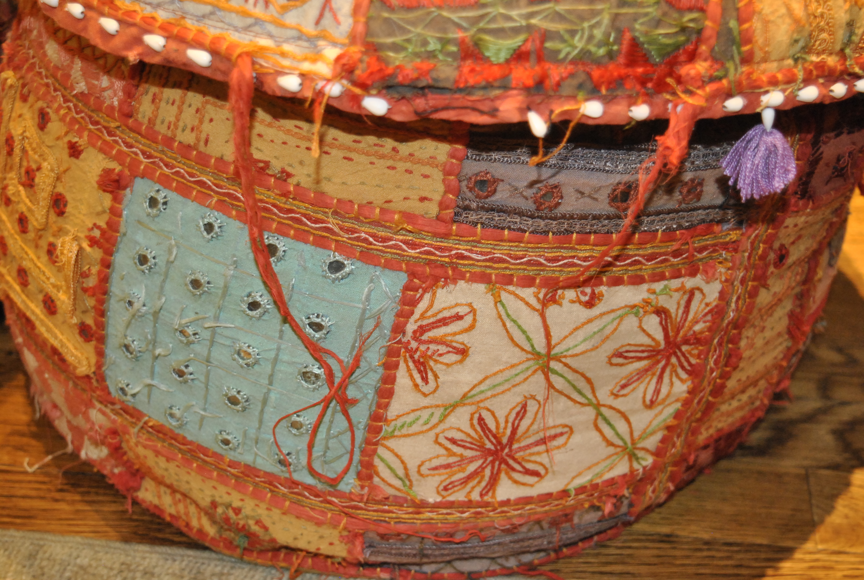 Bright Patchwork and Shell Accented Fabric Pouf Pair