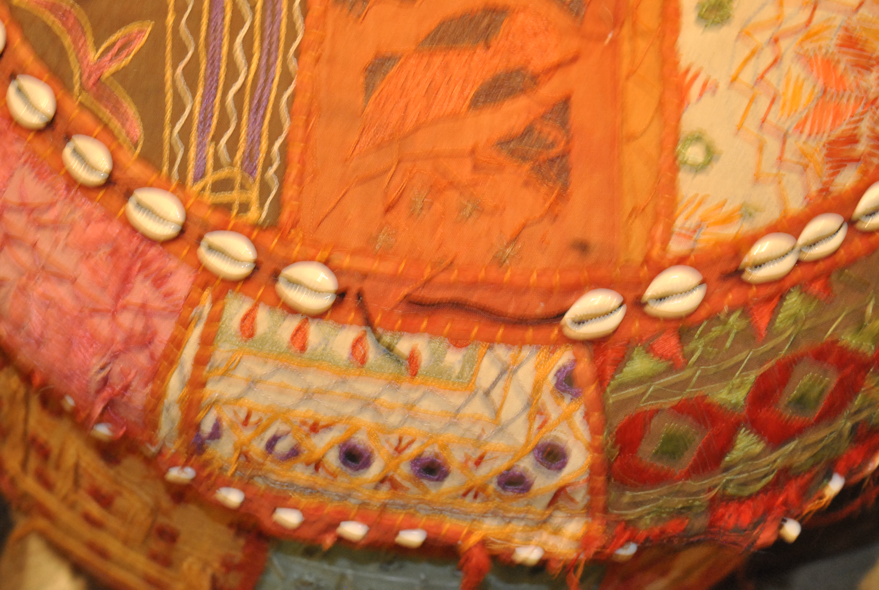 Bright Patchwork and Shell Accented Fabric Pouf Pair