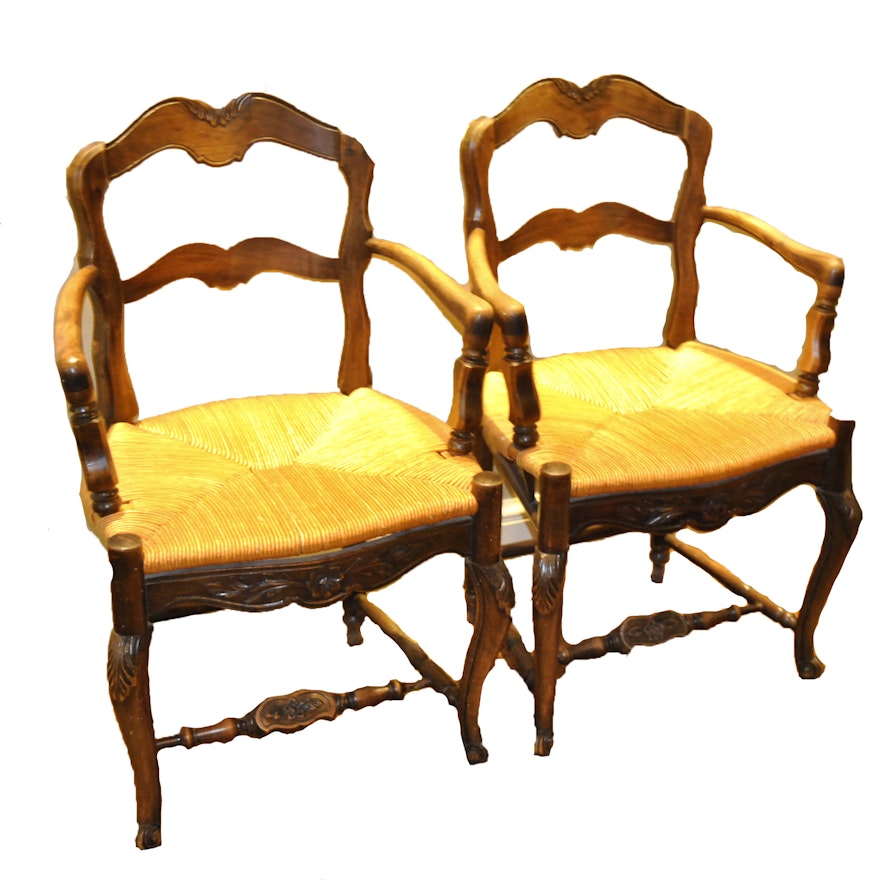 French Provincial Style Rush Seat Armchair Pair