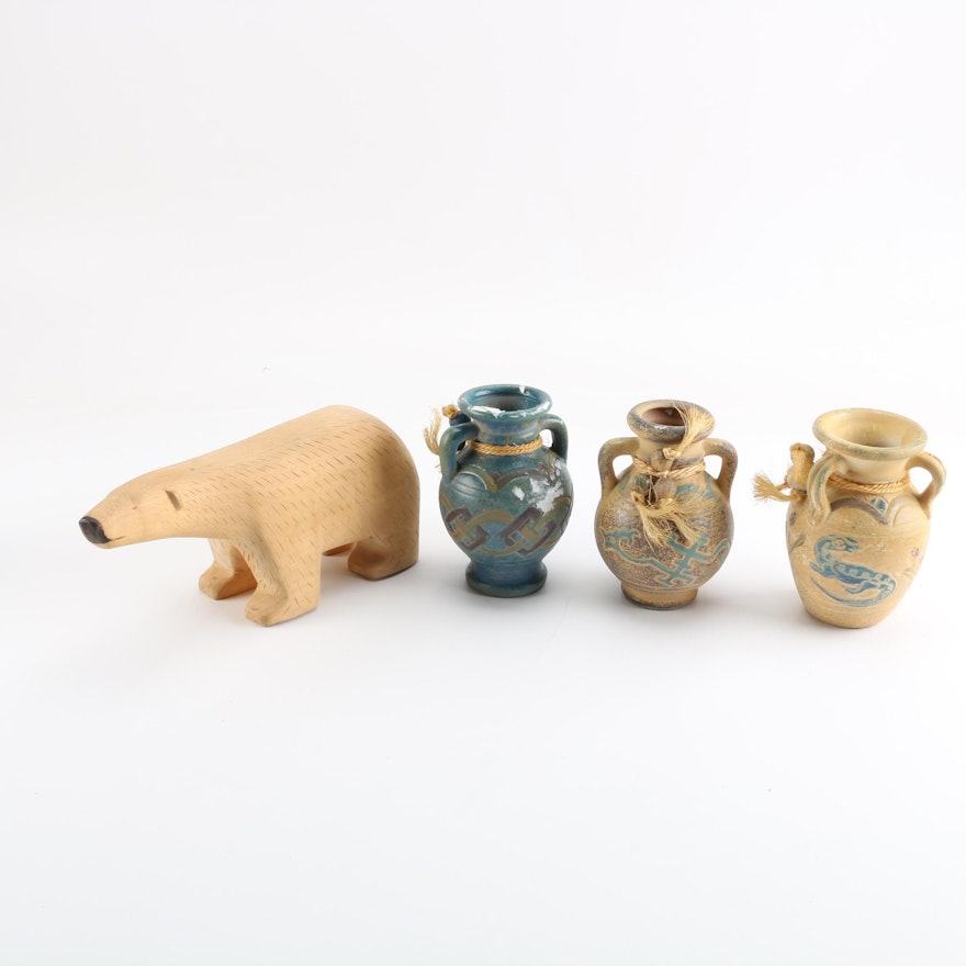 Southwestern-Style Miniature Pottery Vases with Carved Wood Polar Bear Figurine