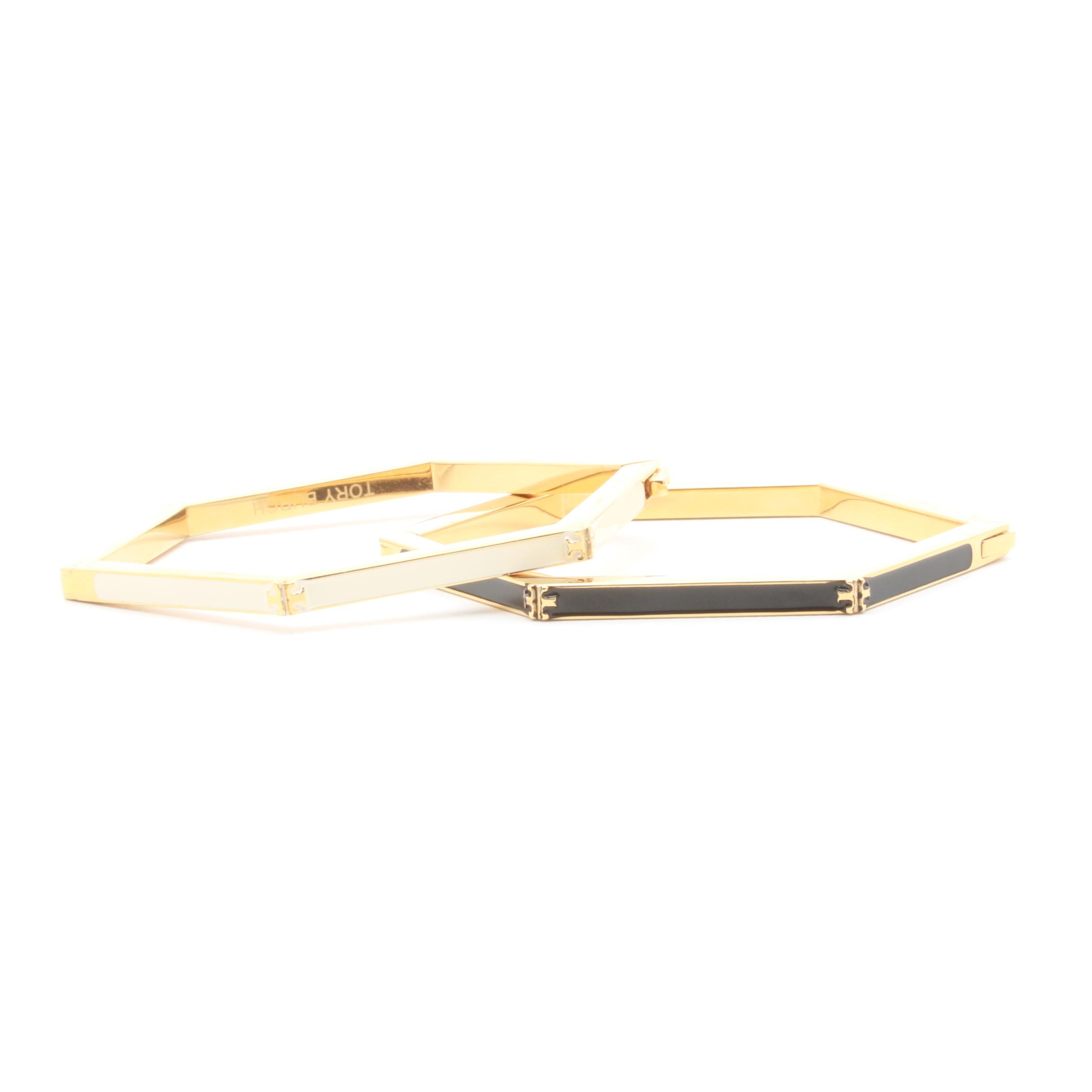 Gold-Tone Enameled Tory Burch Bangles and Henri Bendel Foil Back Earrings
