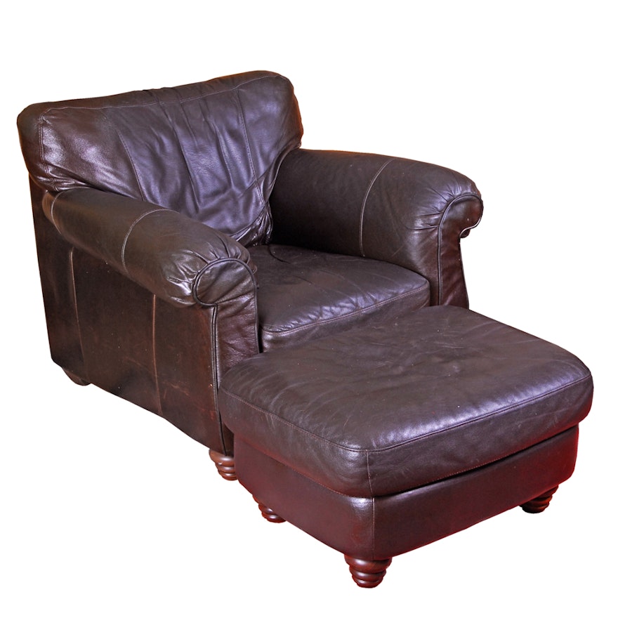 Brown Leather Armchair with Ottoman