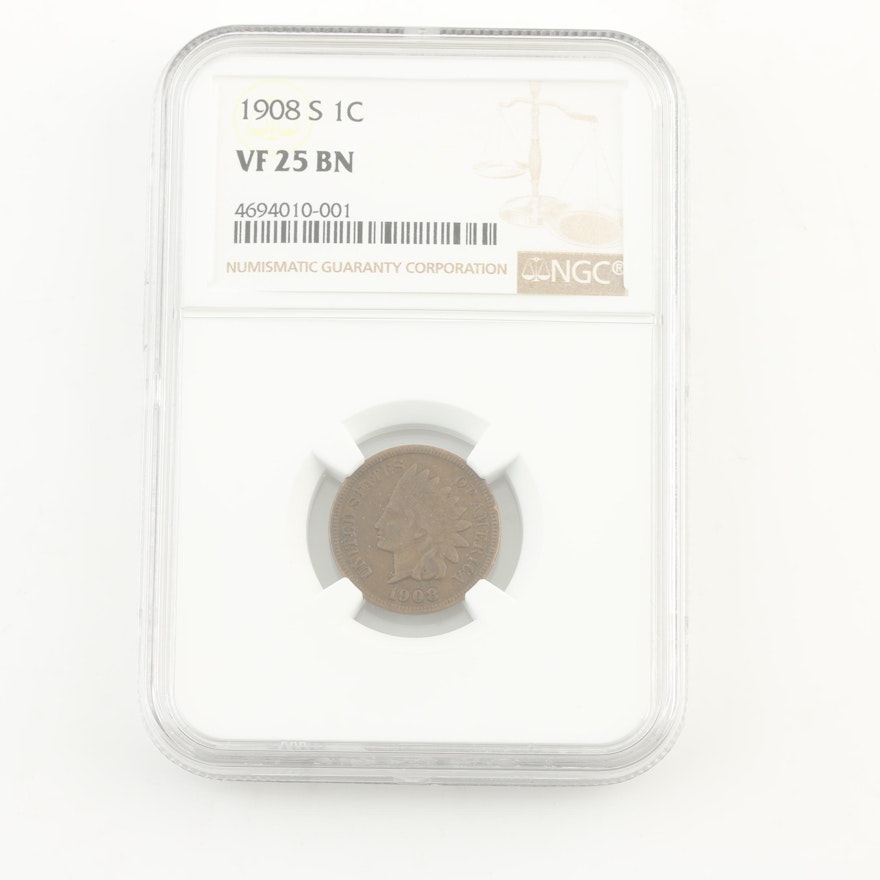 NGC Graded VF25-BN Key Date 1908-S Indian Head Cent