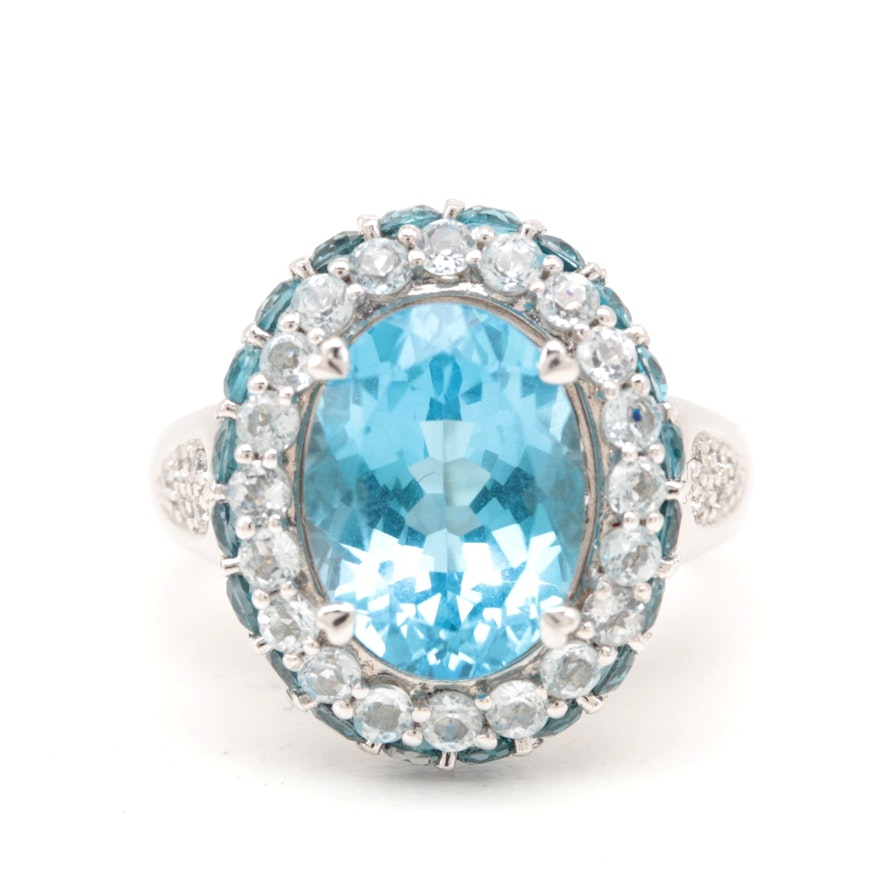 14K White Gold Blue Topaz, White Topaz, and Diamond Ring