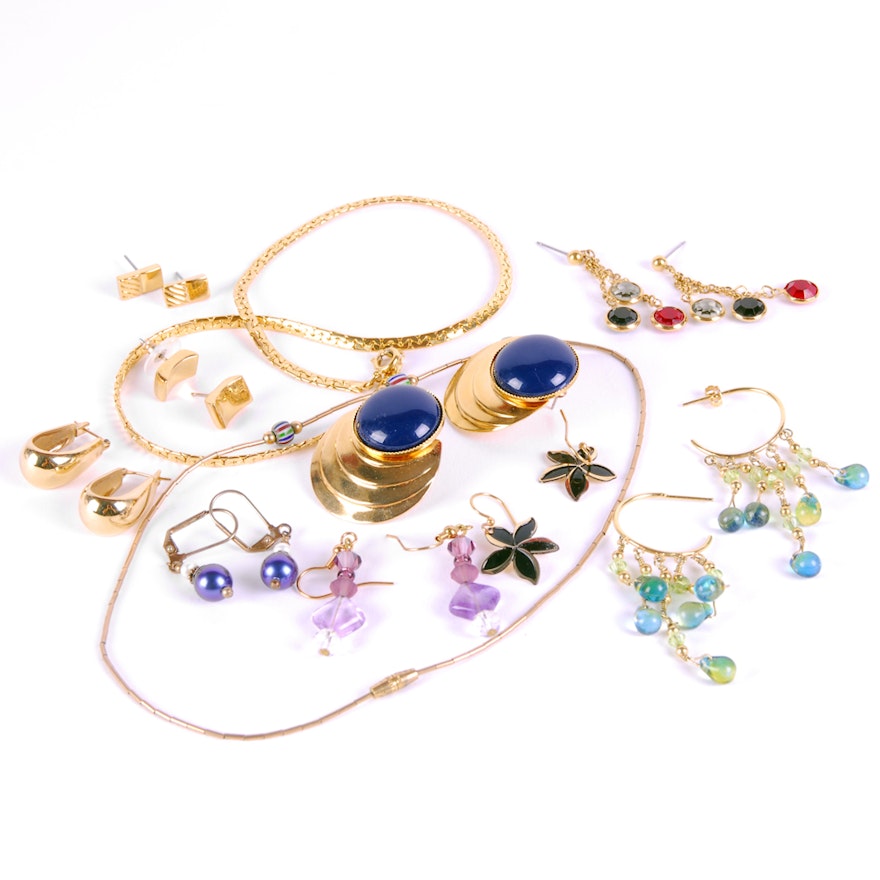 Gold Tone Costume Jewelry Assortment Featuring Earrings